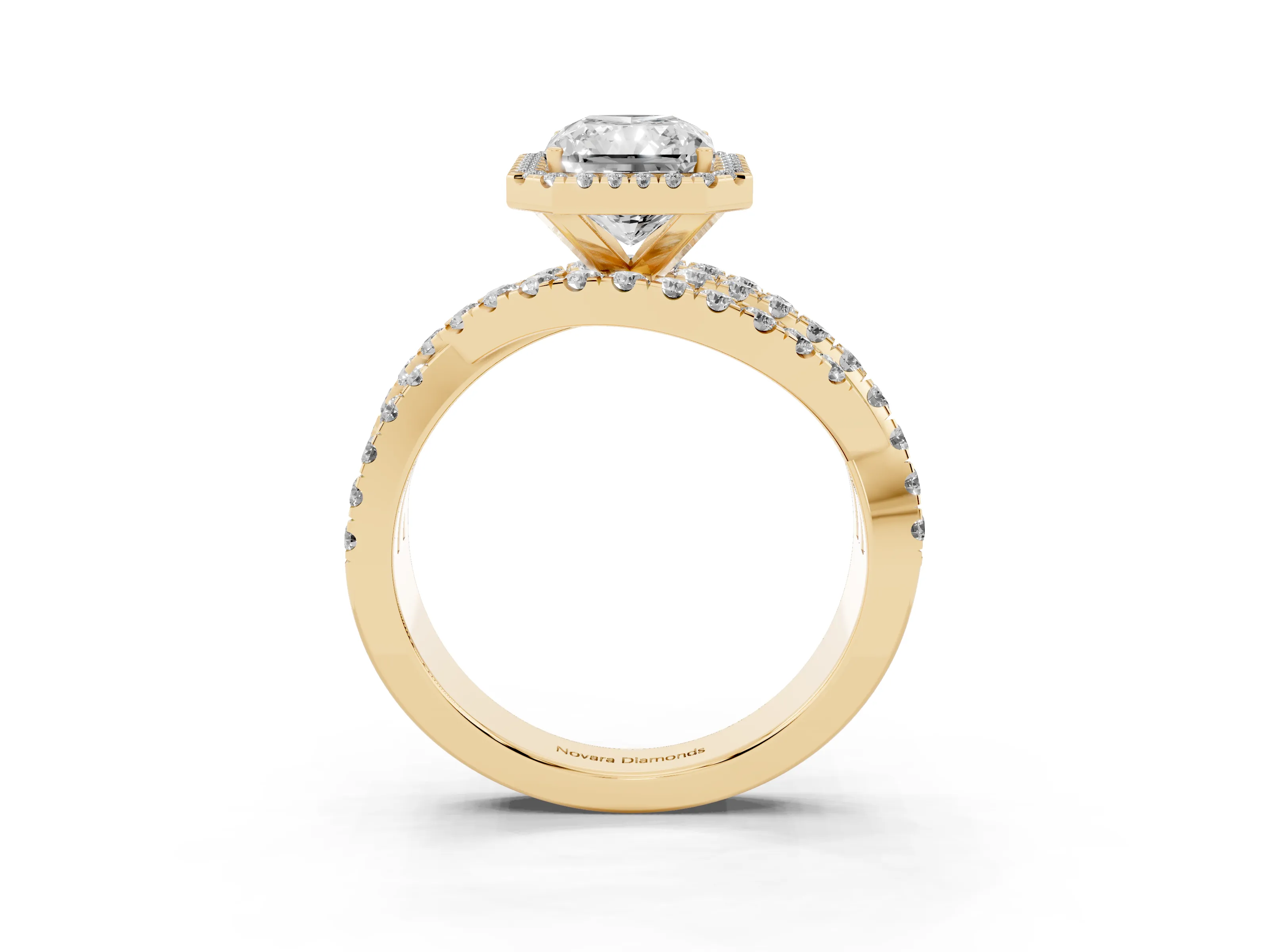 Radiant Cut Diamond Halo Ring Set in Yellow gold with Round Crossover Split Shank and Prong Setting