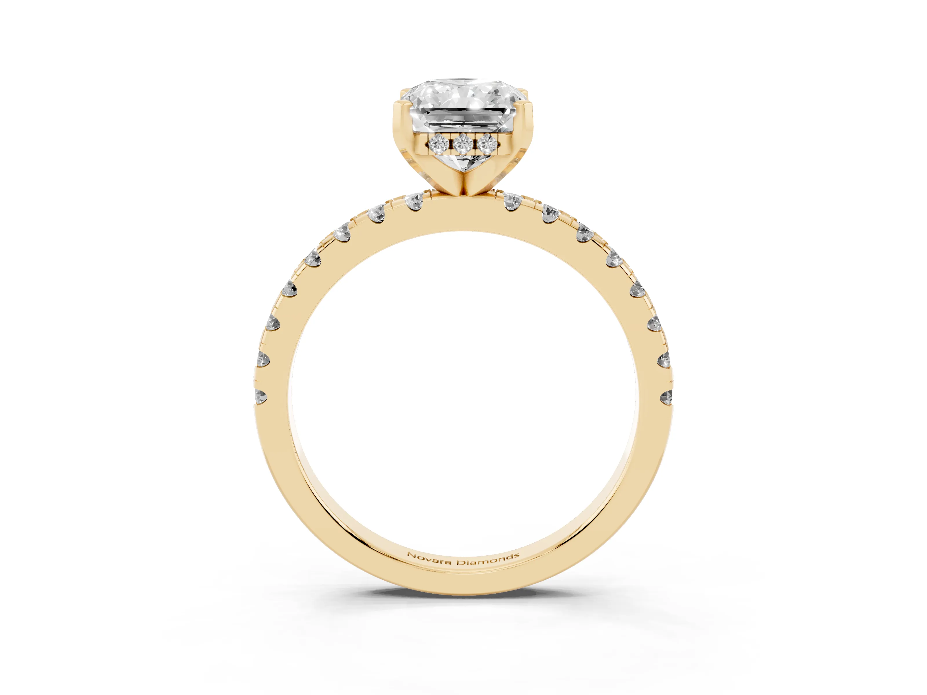 Radiant Cut Diamond Pavé Solitaire Ring Set in Yellow gold with Round Band Accents and Prong Setting