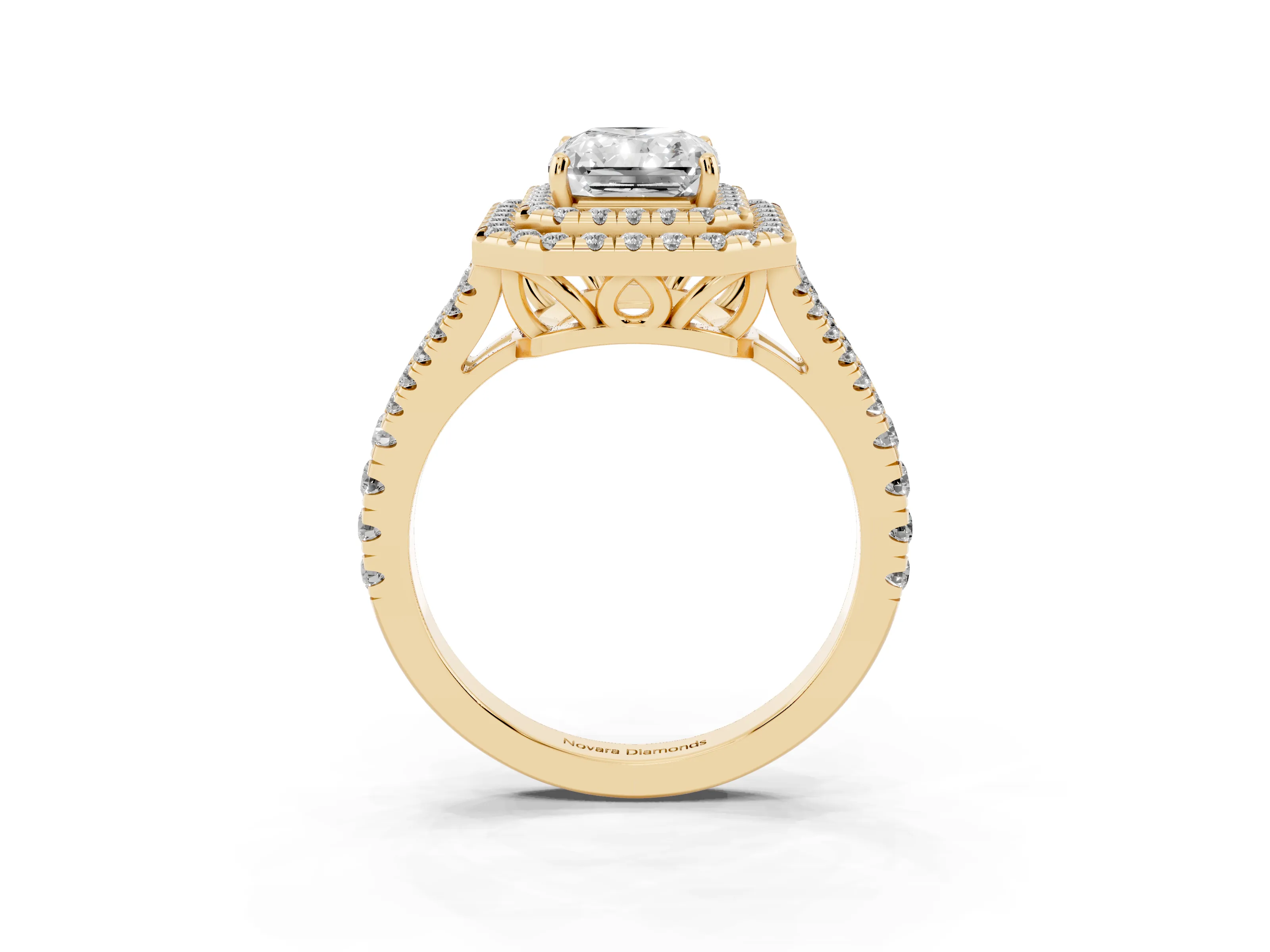 Radiant Cut Diamond Double Halo Ring Set in Yellow gold with Pavé Band