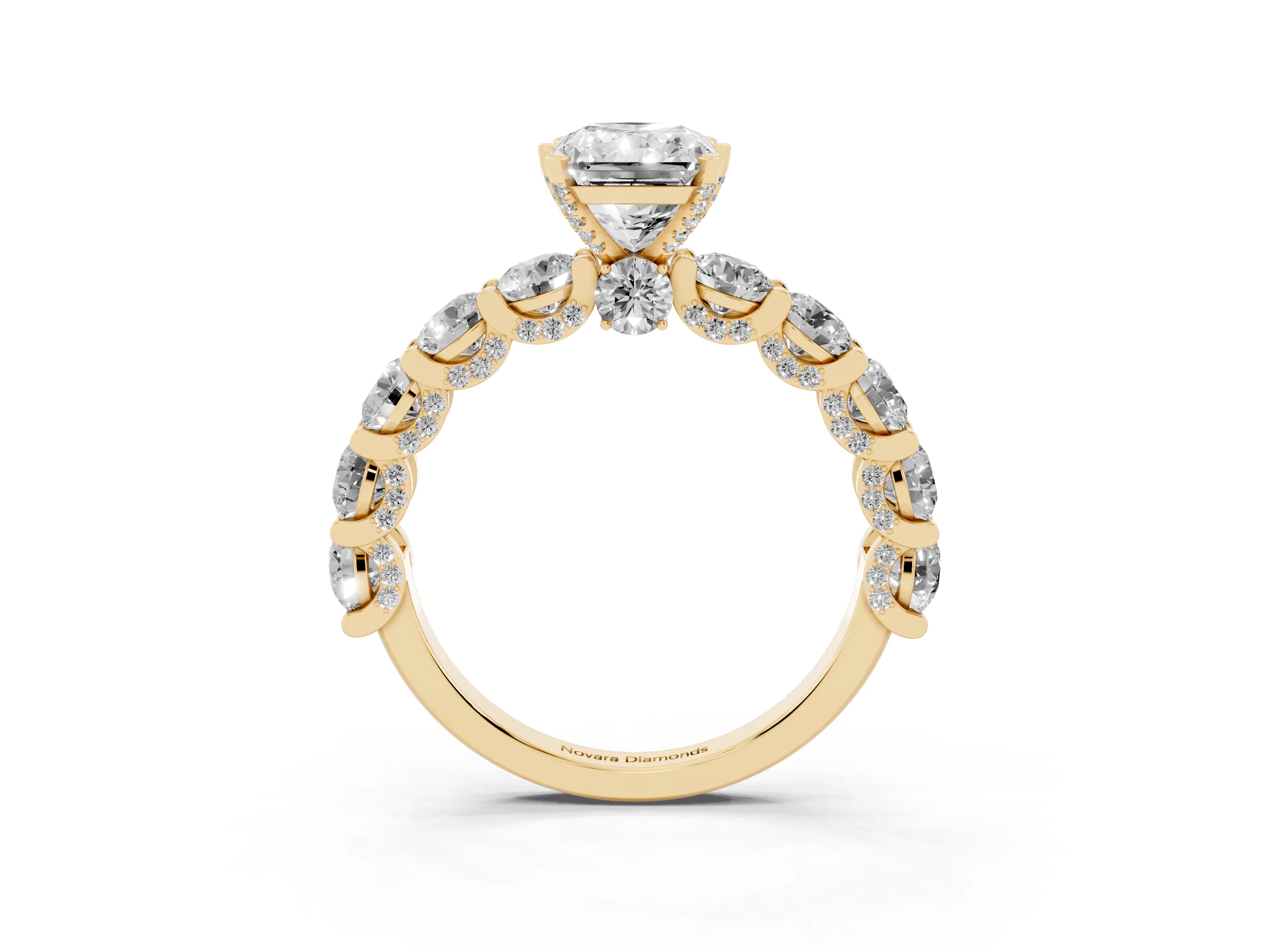 Radiant Cut Diamond Side Stone Ring Set in Yellow gold with Alternating Round and Oval Side Stones