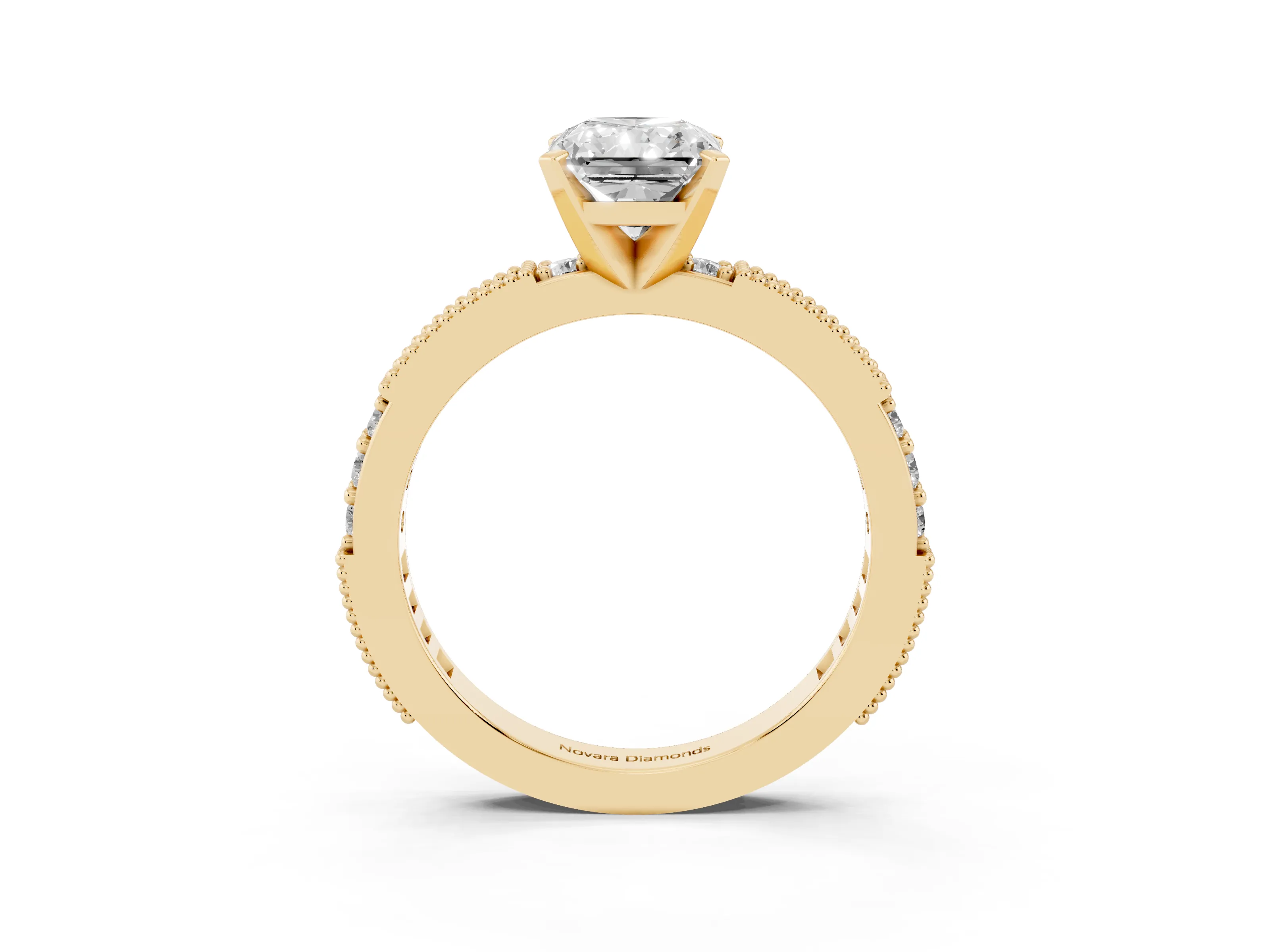 Radiant Cut Diamond Solitaire Ring Set in Yellow gold with Slim Pavé Band and Prong Setting