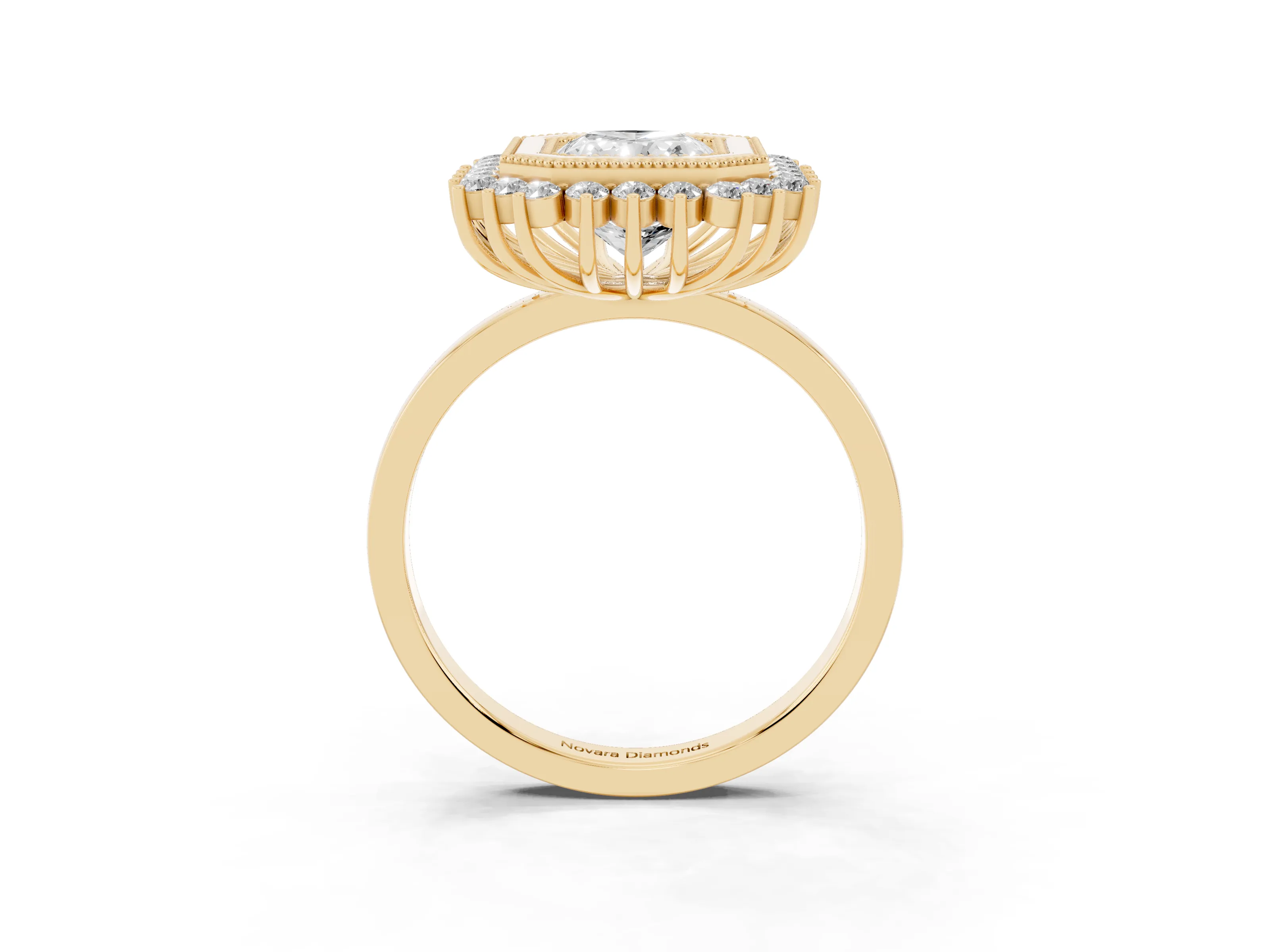 Radiant Cut Diamond Halo Ring Set in Yellow gold with Milgrain Edge and Round Prong Setting