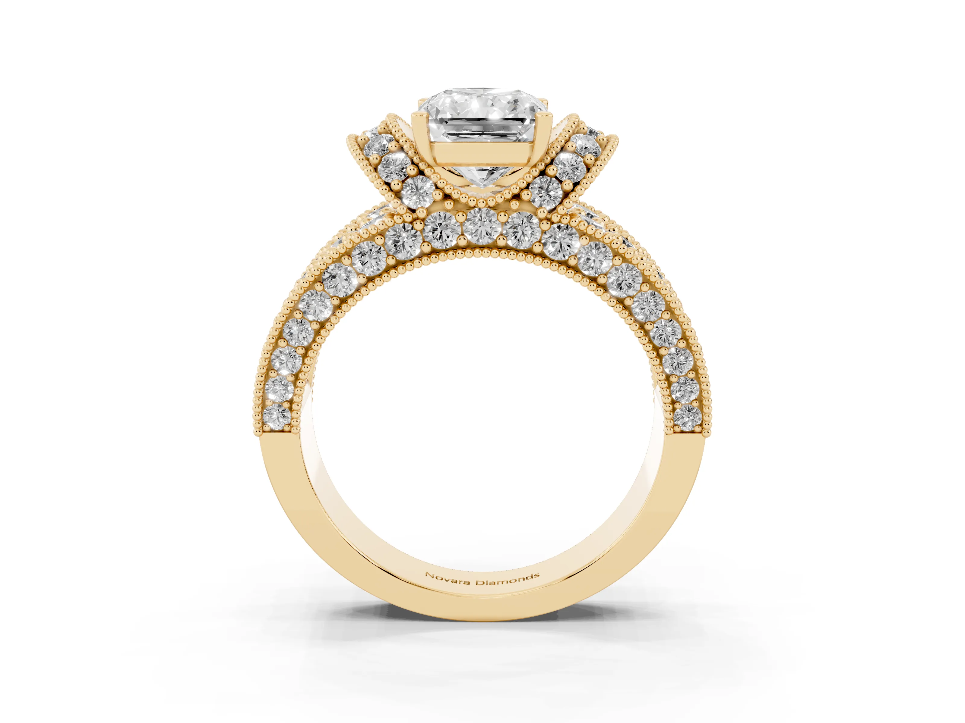 Radiant Cut Diamond Milgrain Halo Pavé Engagement Ring Set in Yellow gold with Prong Setting