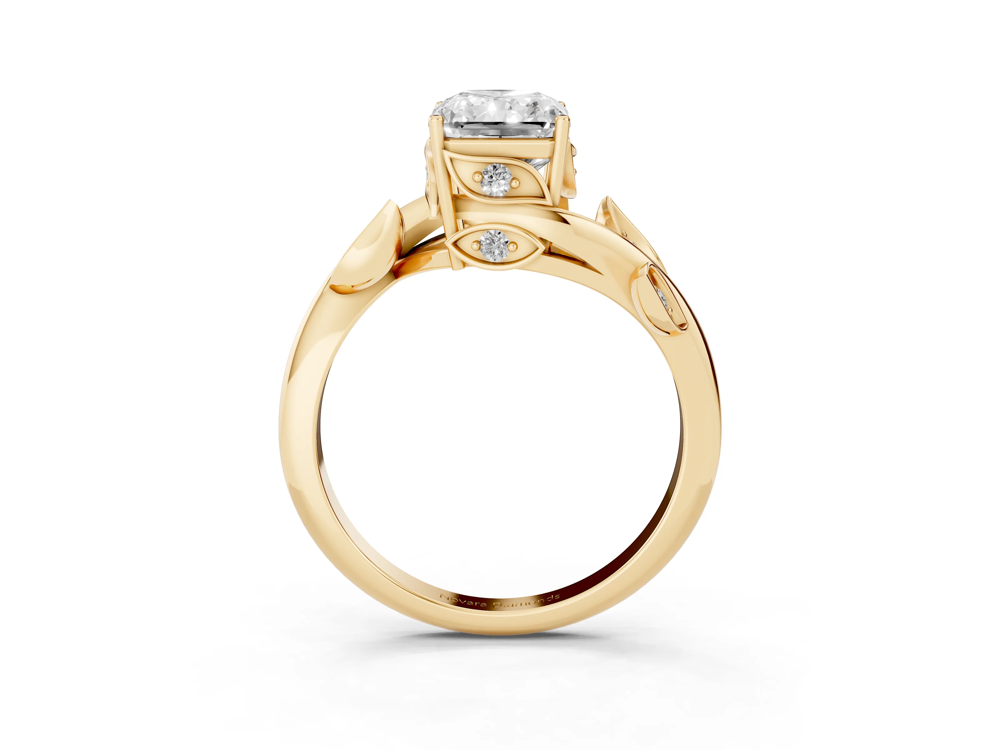 Radiant Cut Diamond Solitaire Twist Engagement Ring Set in Yellow gold with Pavé Leaf Accents