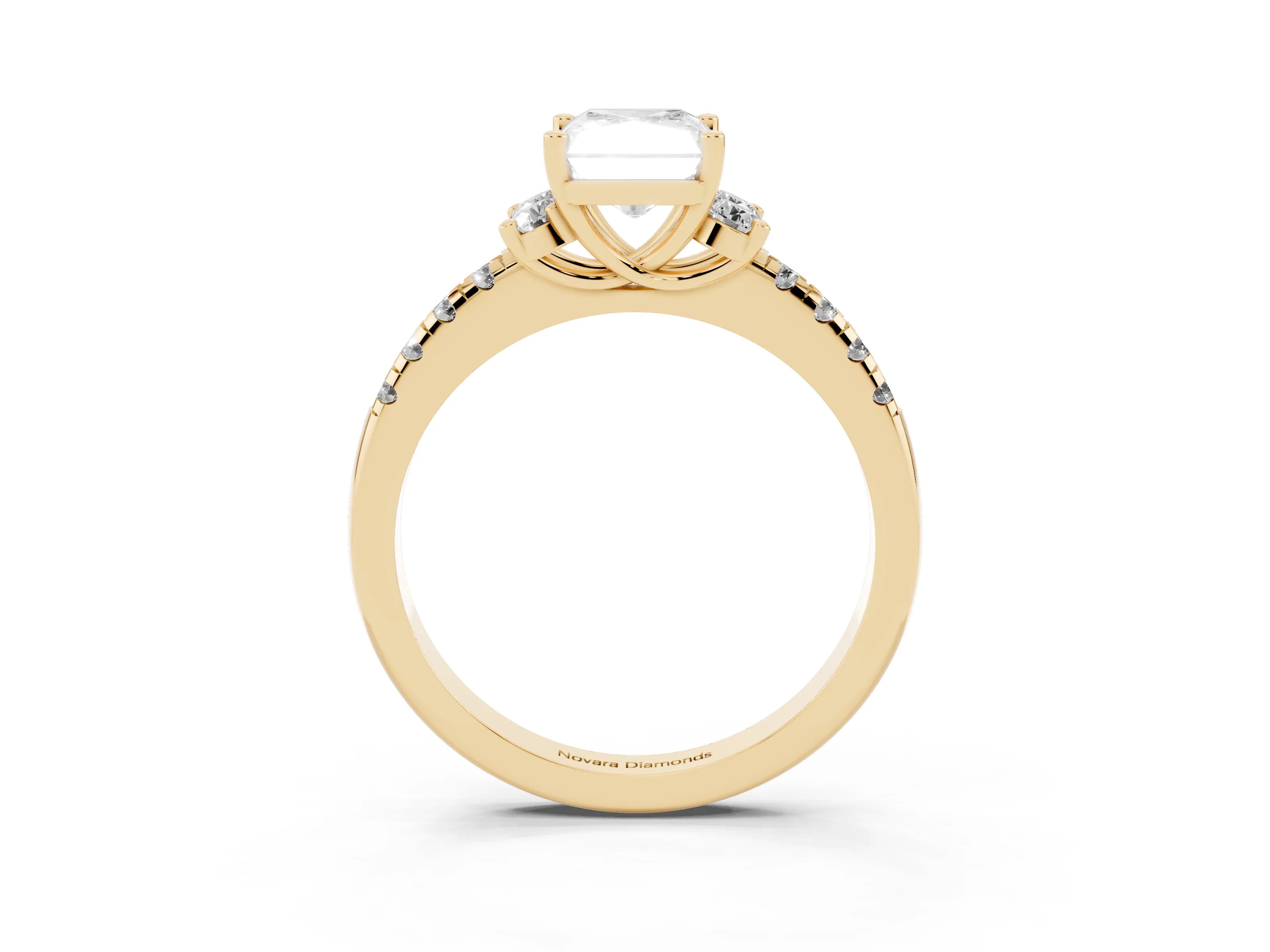 Radiant Cut Diamond Three-Stone Pavé Ring Set in Yellow gold with Prong Setting