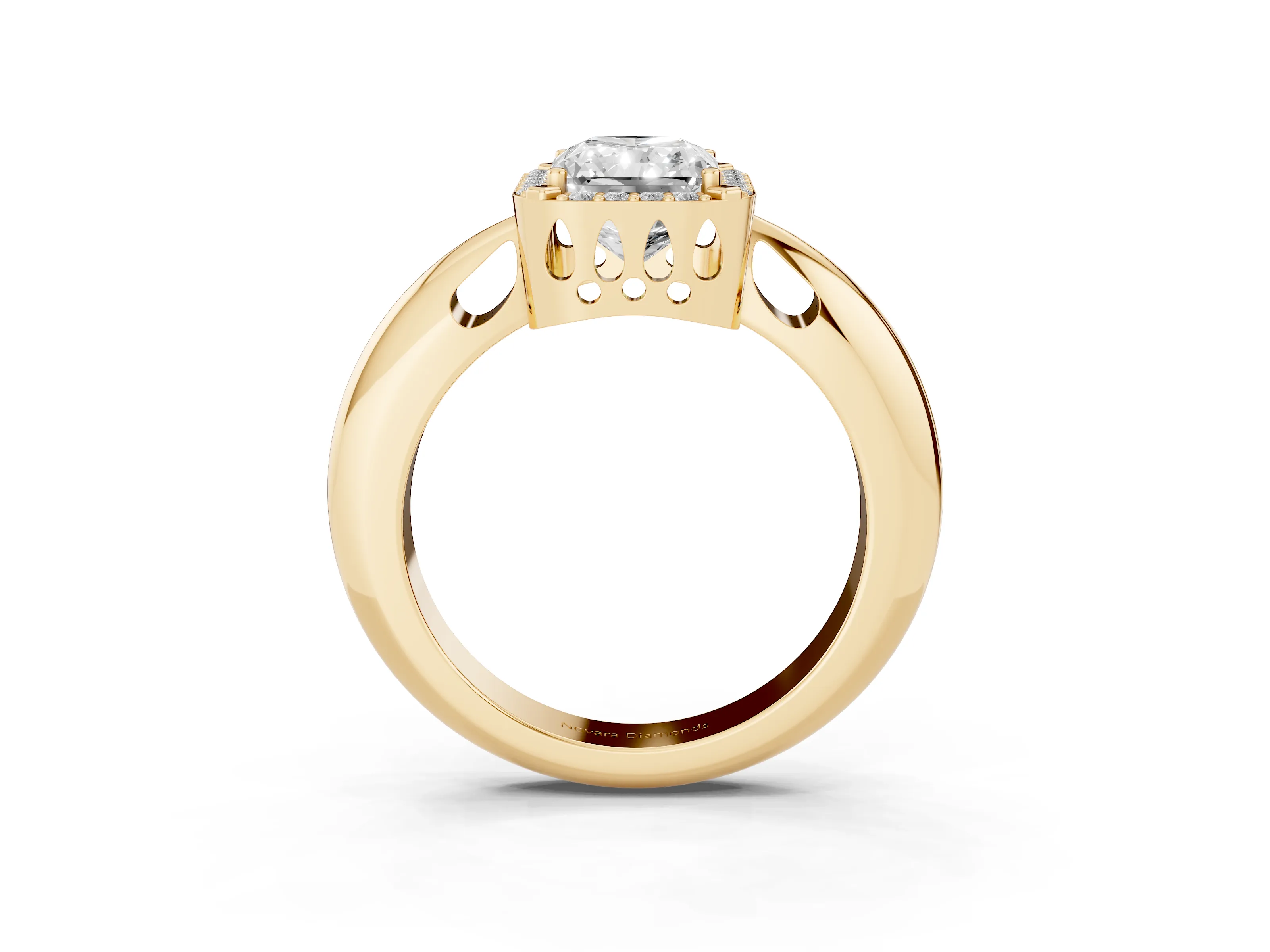 Radiant Cut Diamond Halo Engagement Ring Set in Yellow gold with Plain Split Shank and Prong Setting