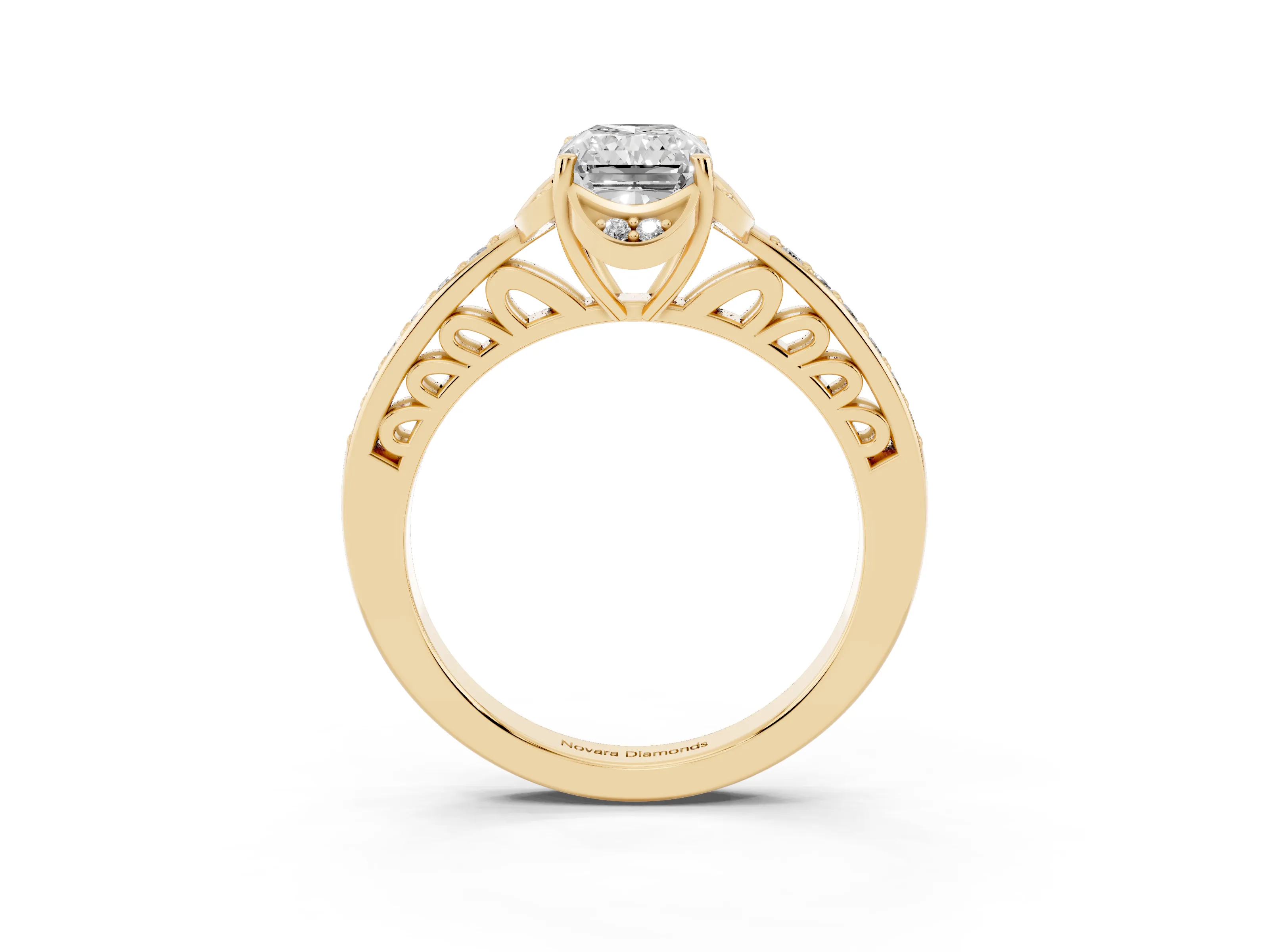 Radiant Cut Diamond Halo Ring Set in Yellow gold with Channel Set Band and Prong Setting