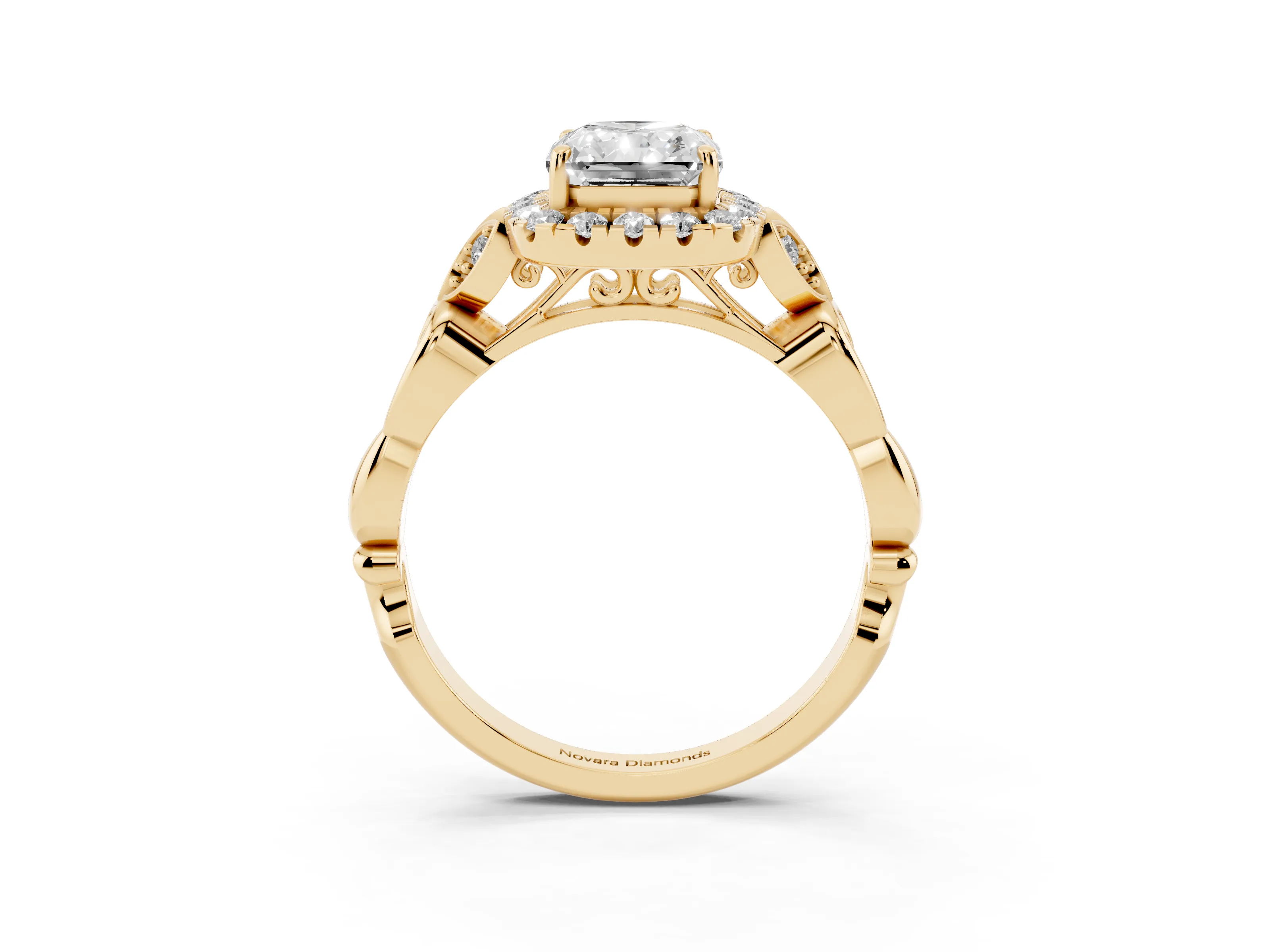 Radiant Cut Diamond Halo Engagement Ring Set in Yellow gold with Vintage-Inspired Band and Prong Setting