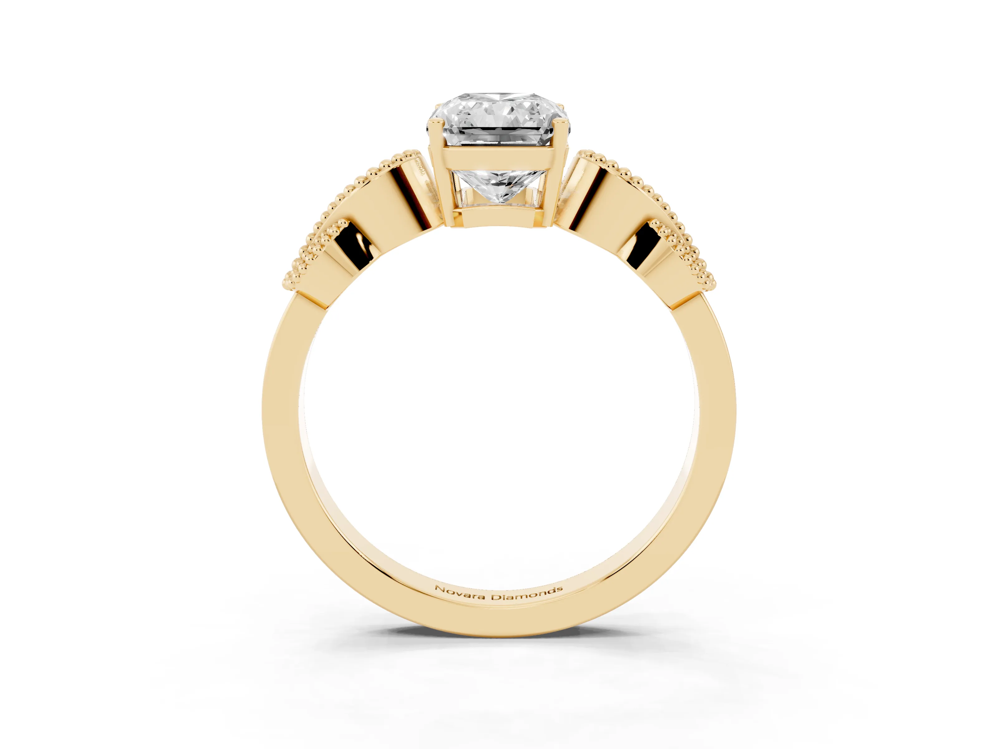 Radiant Cut Diamond Milgrain Leaf Band Solitaire Ring Set in Yellow gold with Accent Stones and Prong Setting