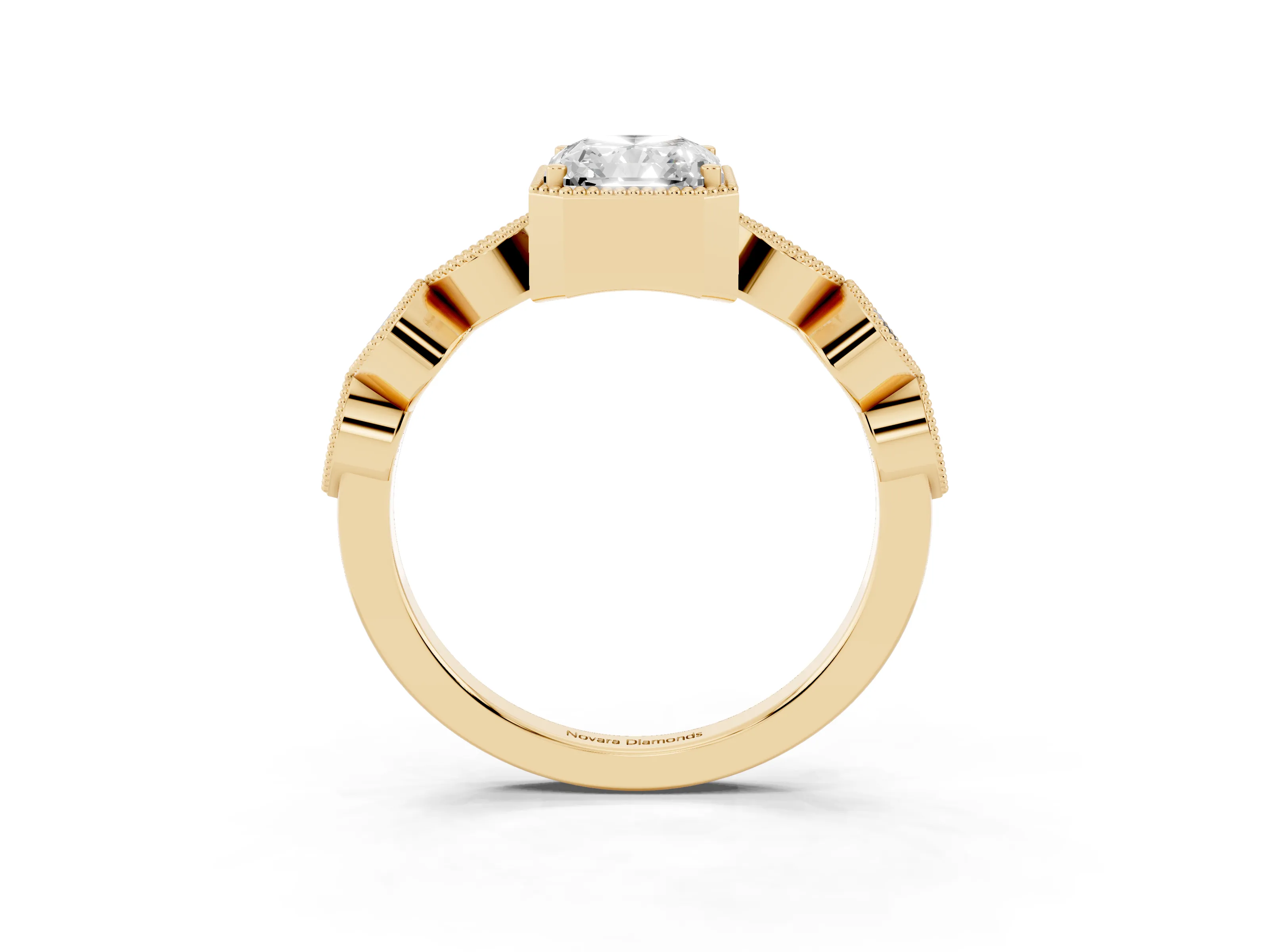 Radiant Cut Diamond Vintage-Inspired Milgrain Ring Set in Yellow gold with Marquise Stations of Round Accents