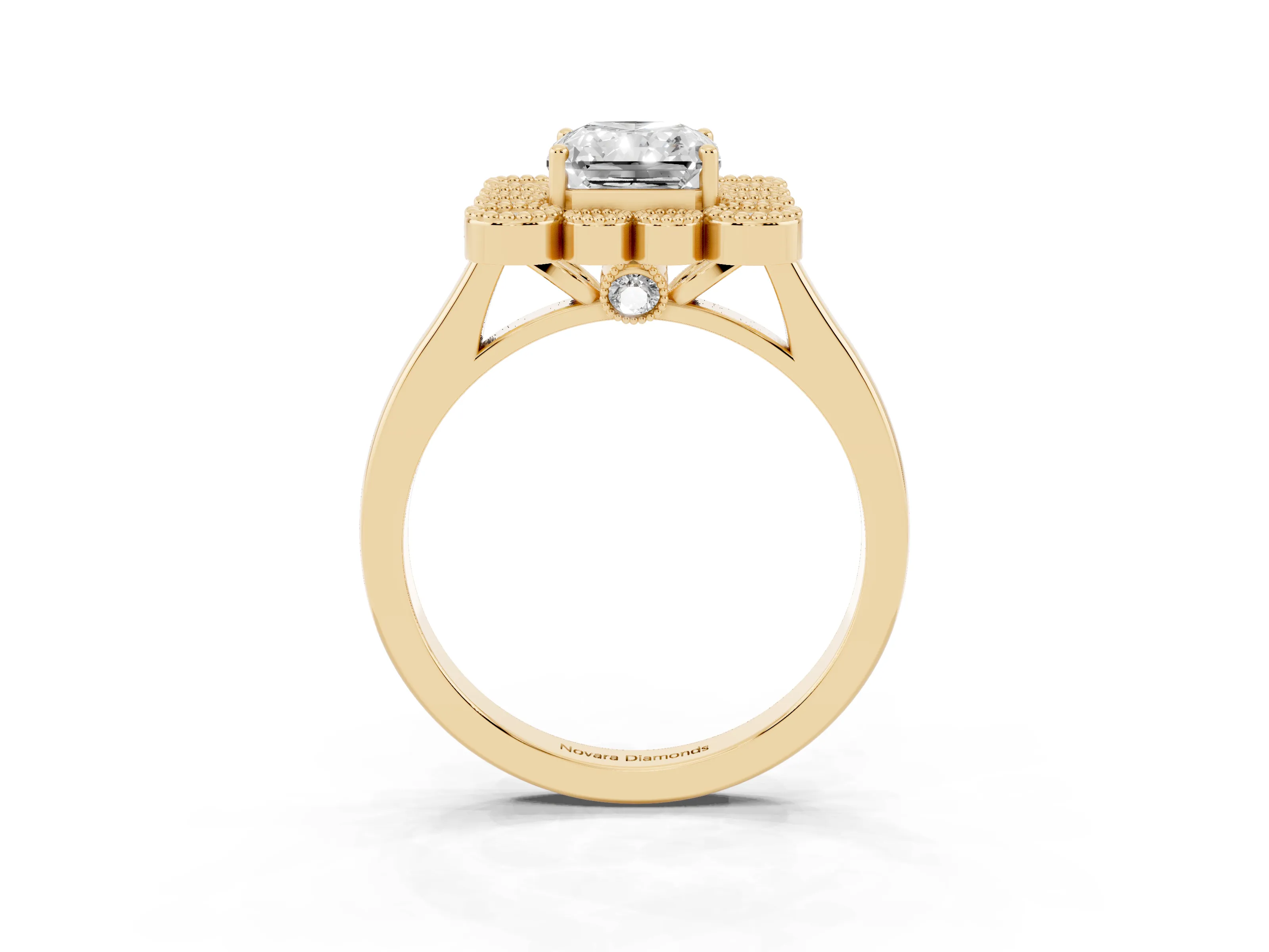 Radiant Cut Diamond Cluster Halo Ring Set in Yellow gold with Milgrain Bezel Accents and Plain Band