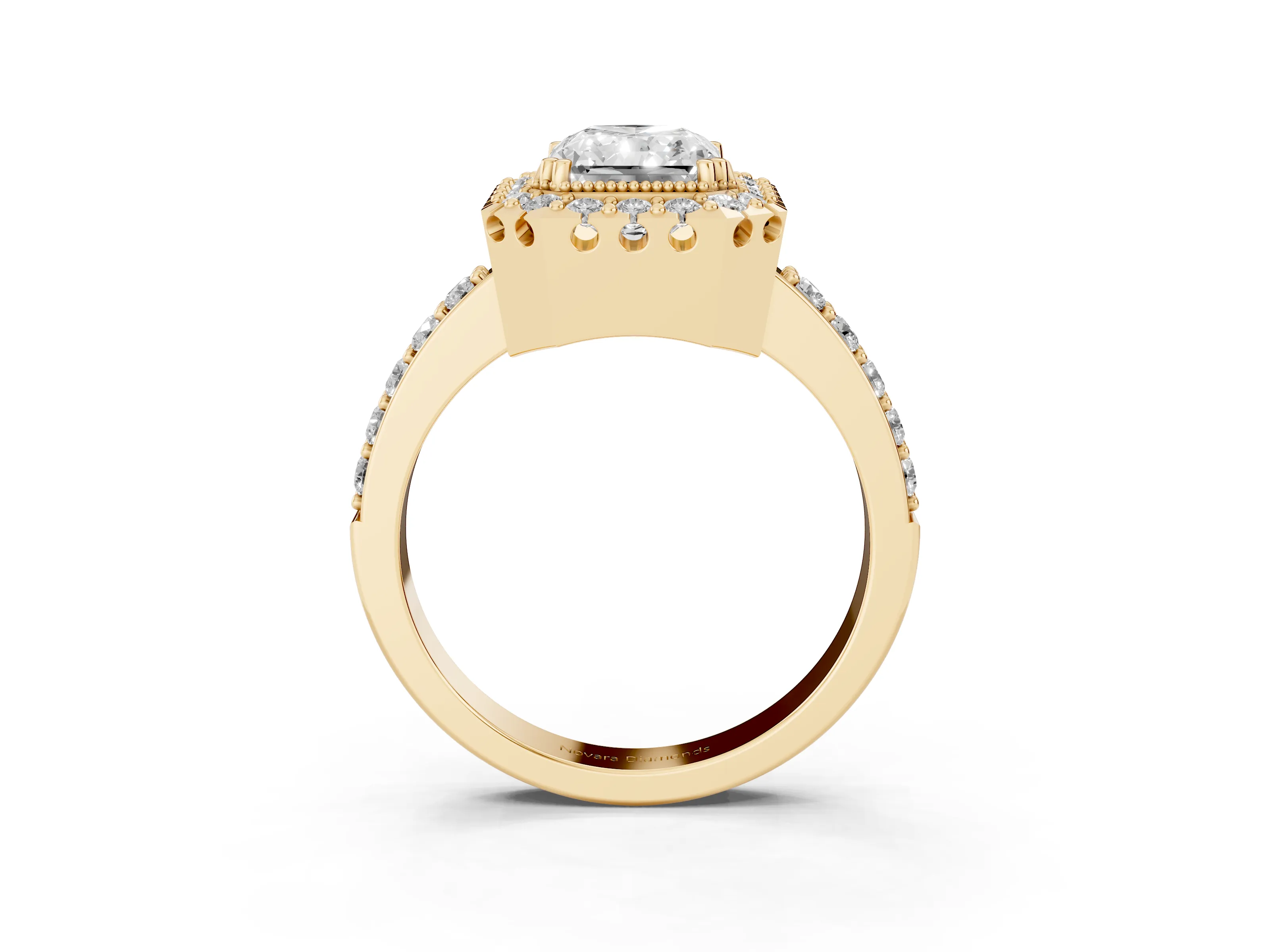 Radiant Cut Diamond Halo Ring Set in Yellow gold with Pavé Shank and Prong Setting
