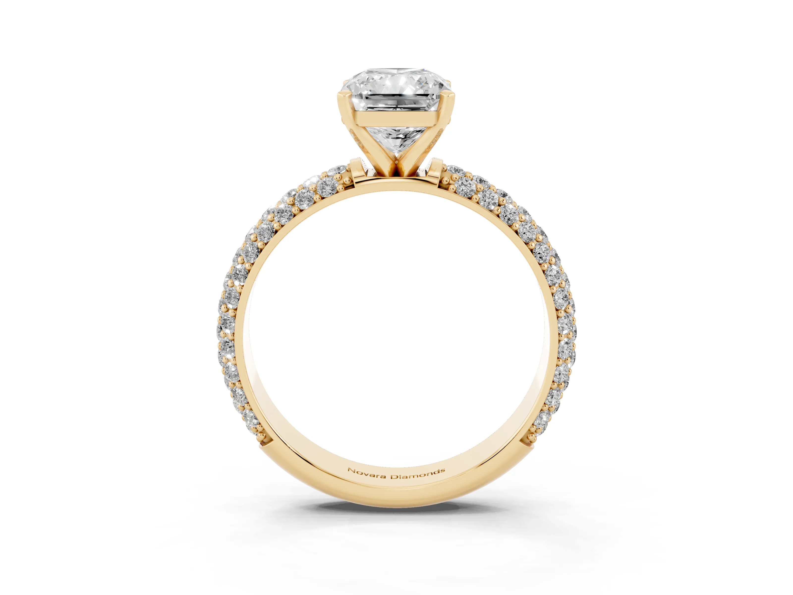 Radiant Cut Diamond Solitaire Ring Set in Yellow gold with Prong Setting and Pavé-Set Band