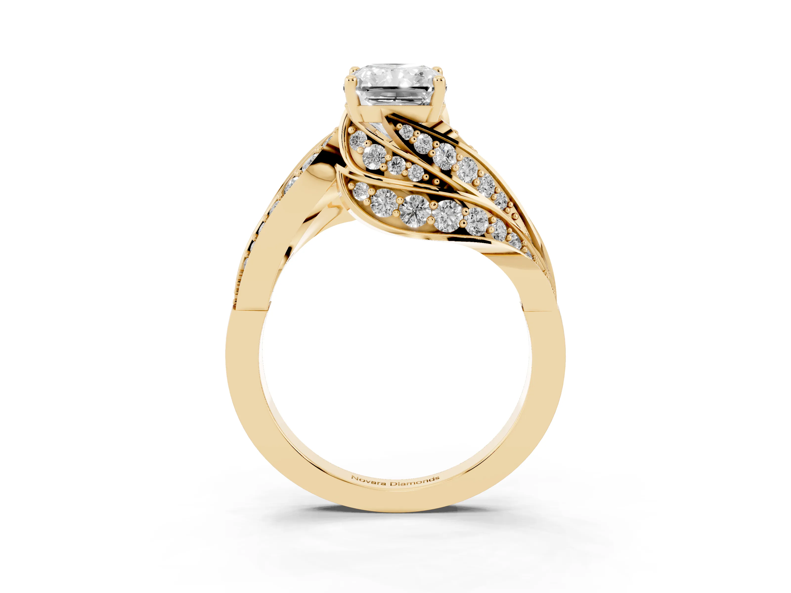 Radiant Cut Diamond Solitaire Ring Set in Yellow gold with Layered Twist Pavé Band