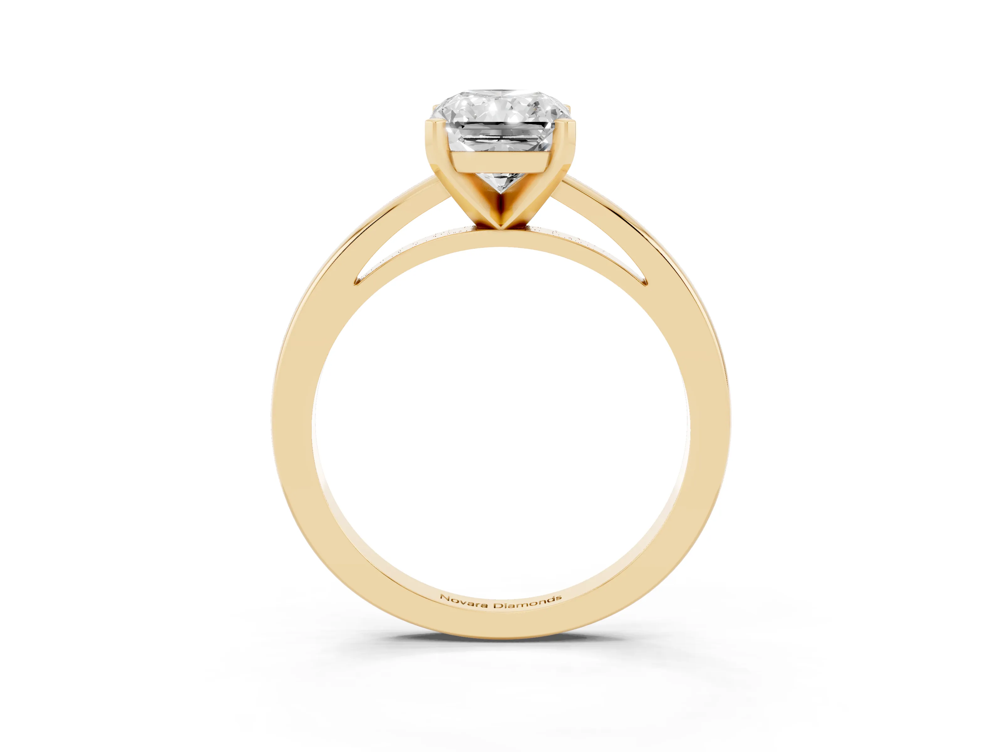 Radiant Cut Diamond Solitaire Engagement Ring Set in Yellow gold with Prong Setting on a Classic Band