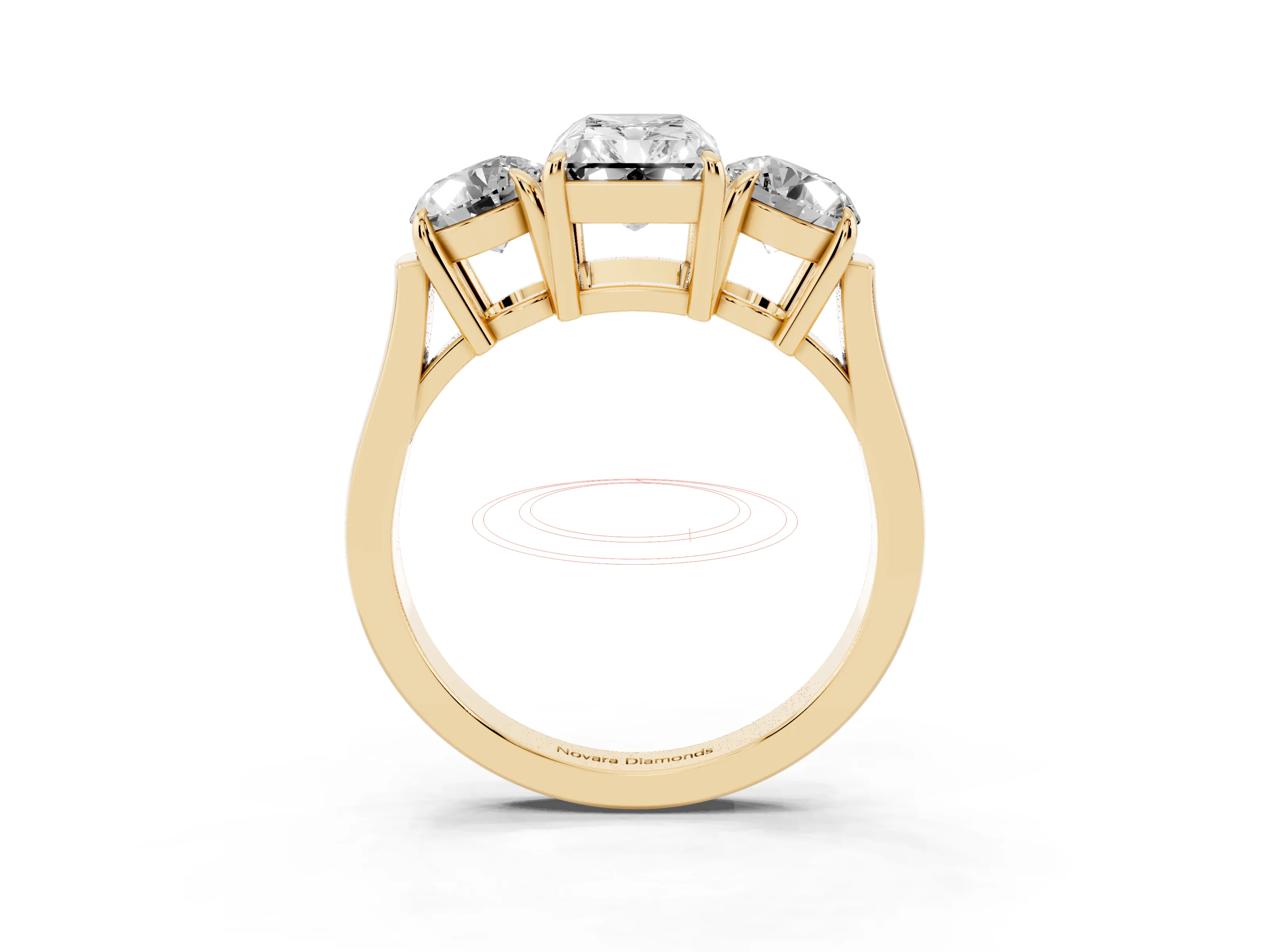 Radiant Cut Diamond Three-Stone Ring Set in Yellow gold with Round Accent Stones and Plain Band