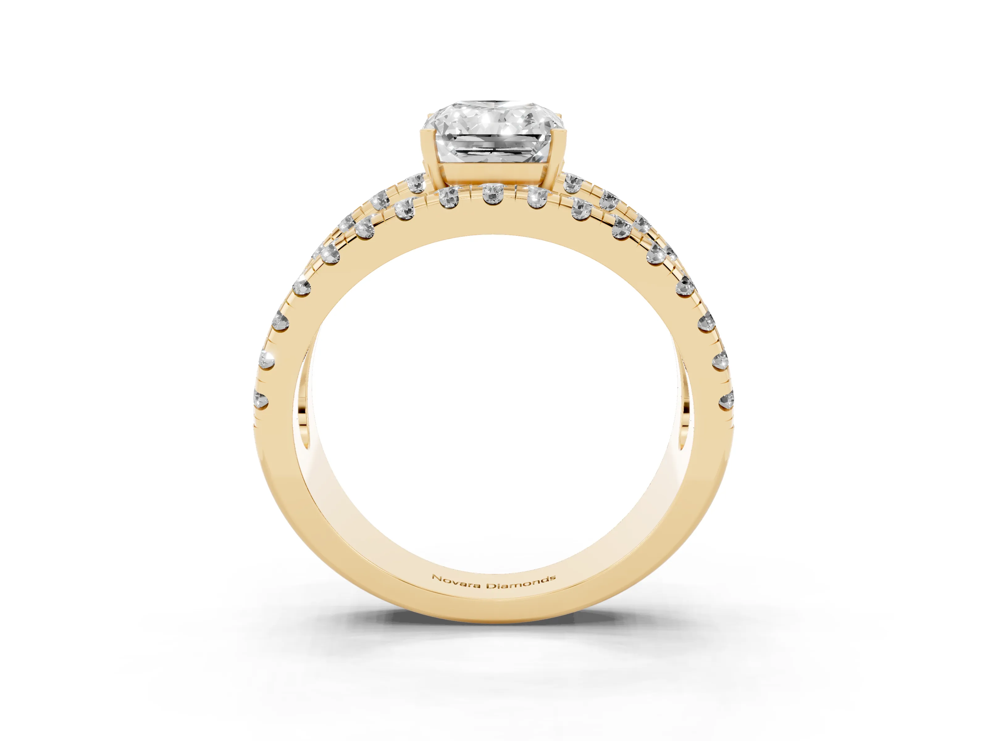 Radiant Cut Diamond Split Shank Pavé Solitaire Ring Set in Yellow gold with Open Shank Design