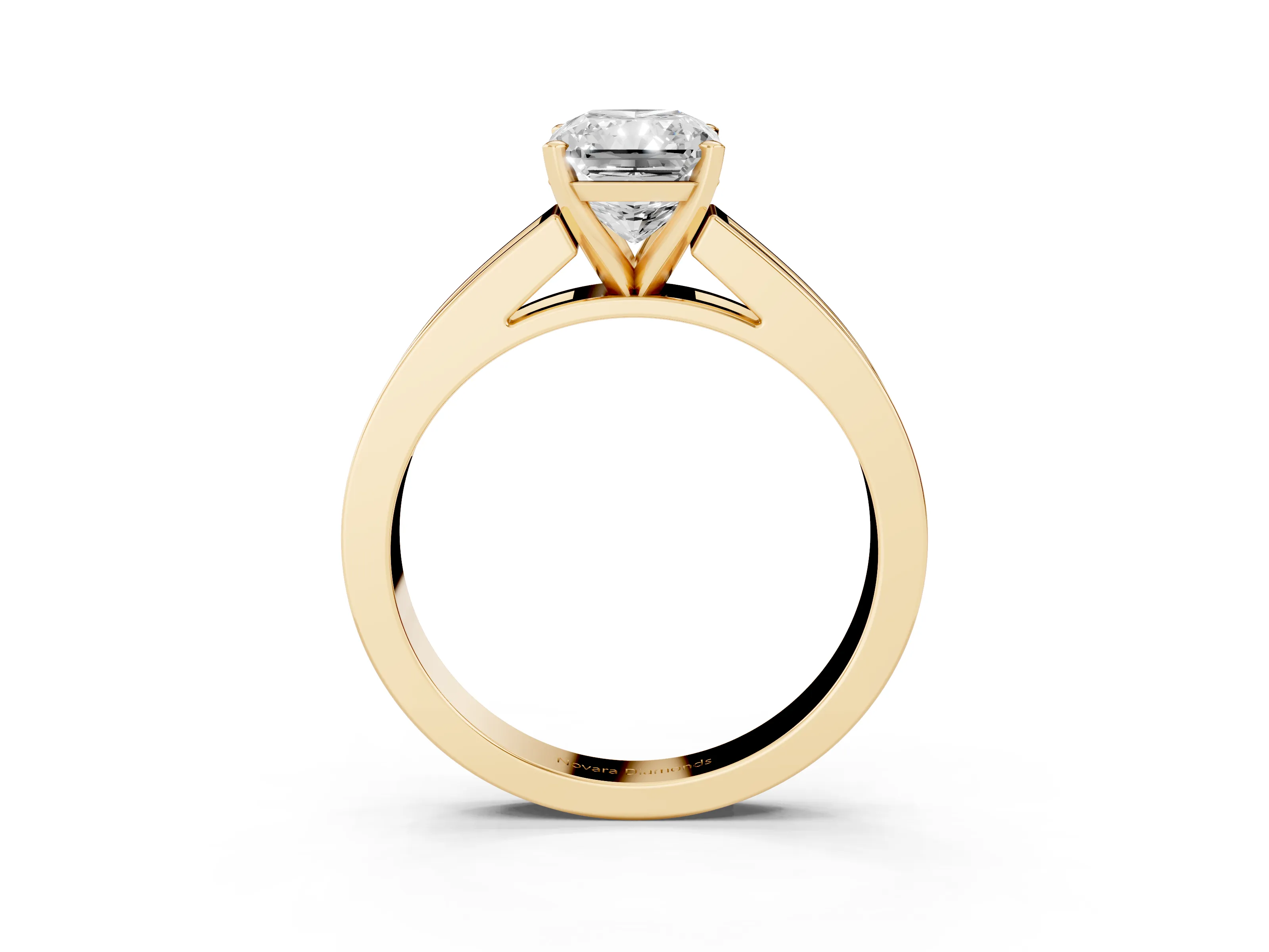 Radiant Cut Diamond Solitaire Ring Set in Yellow gold with Channel-Set Band and Prong Setting