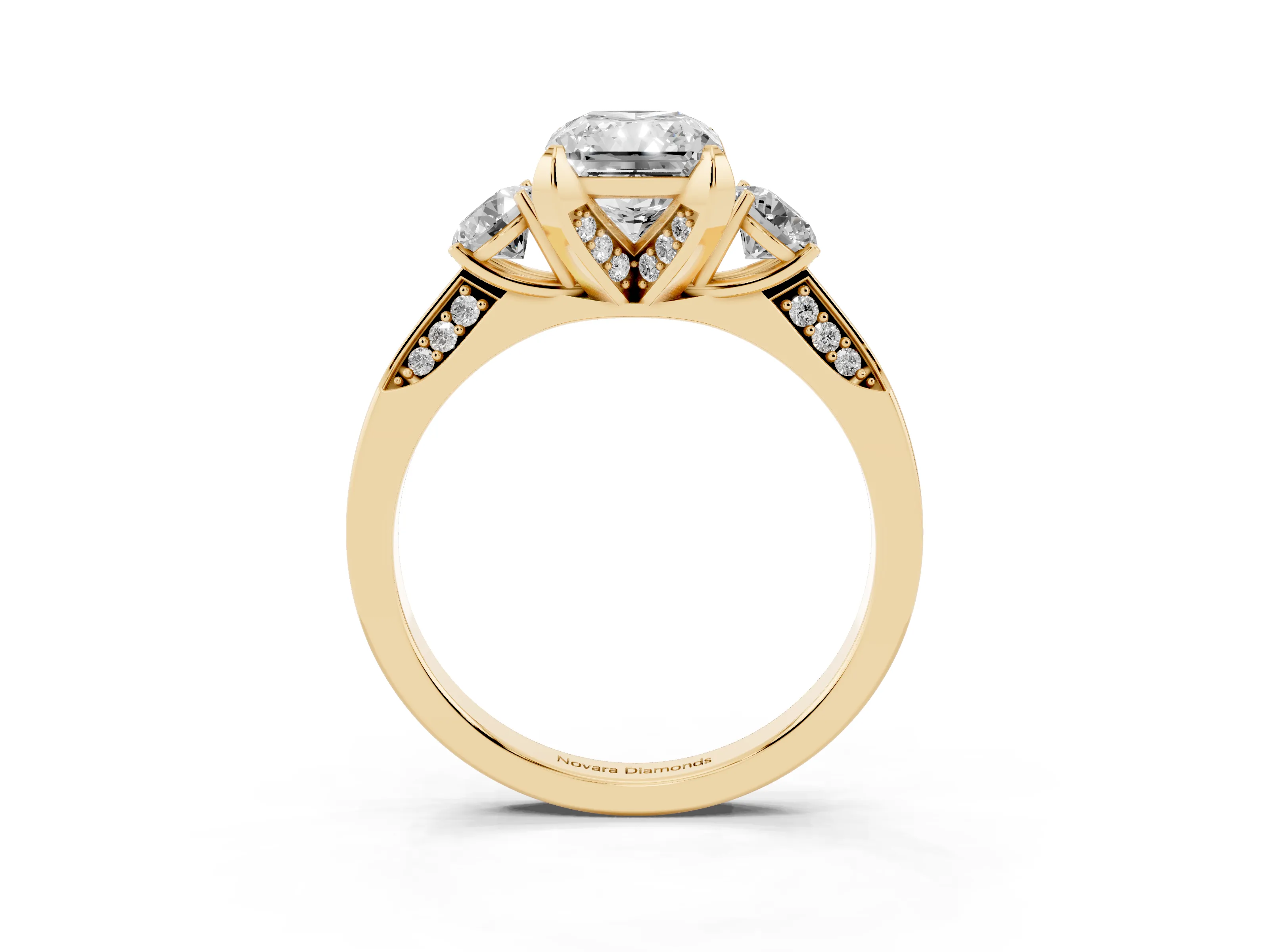 Radiant Cut Diamond Three-Stone Ring Set in Yellow gold with Pavé Band and Smaller Side Stones