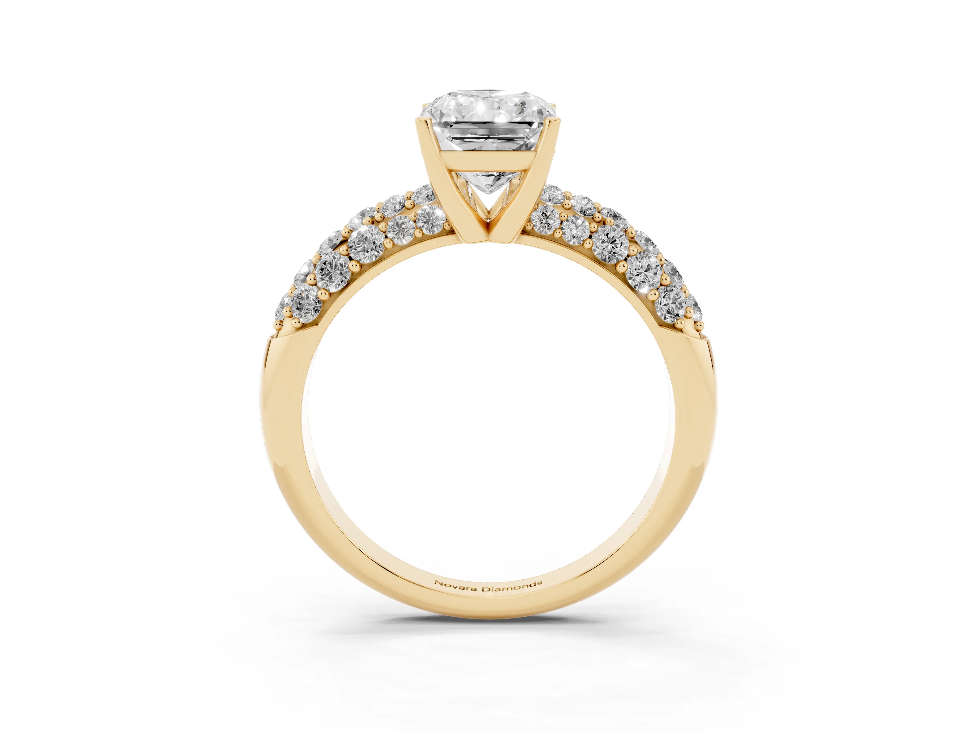 Radiant Cut Diamond Pavé Band Solitaire Ring Set in Yellow gold with Close-Set Accent Stones and Prong Setting