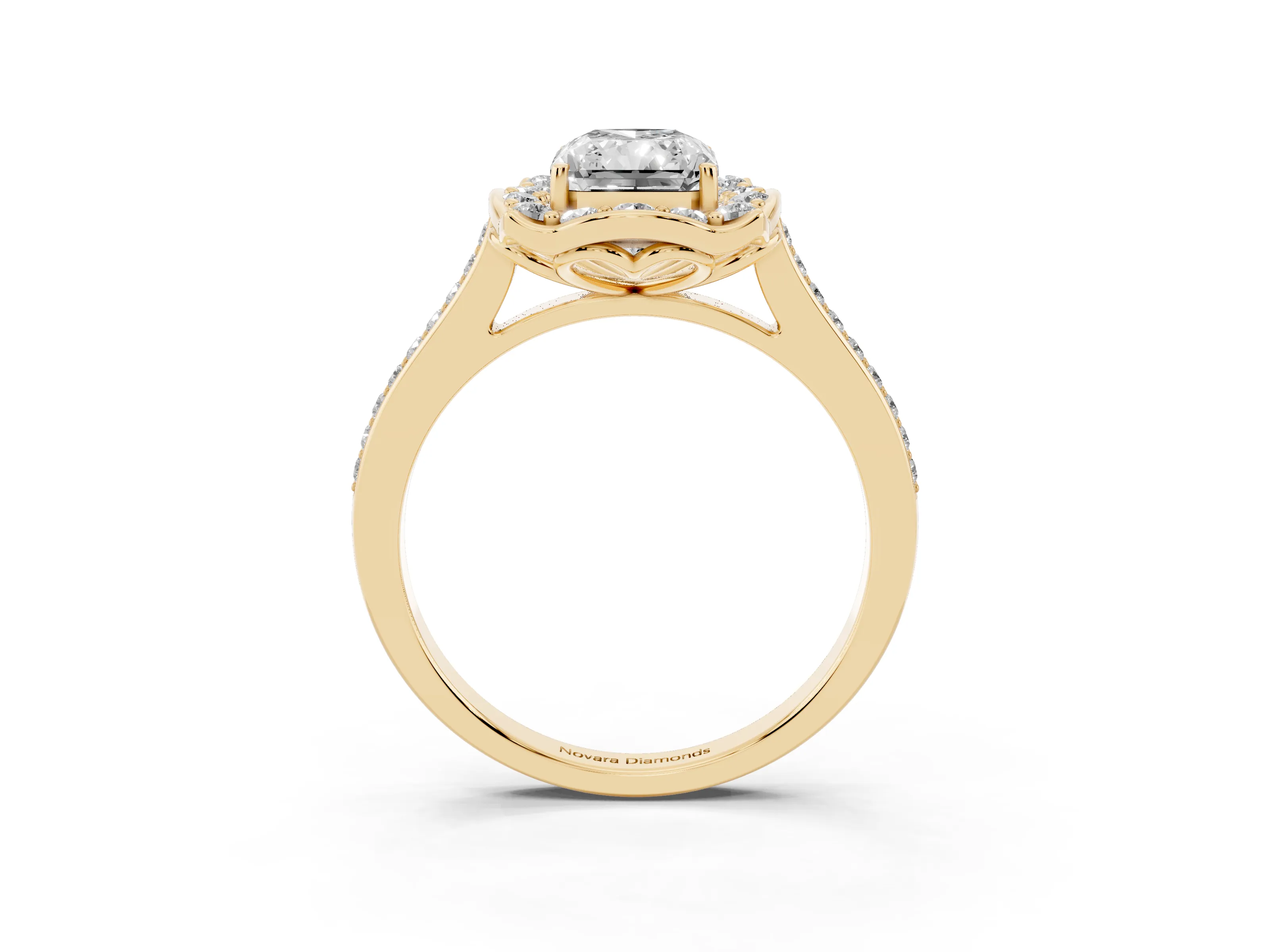 Radiant Cut Diamond Halo Ring Set in Yellow gold with Pavé-Lined Shoulders and Prong Setting