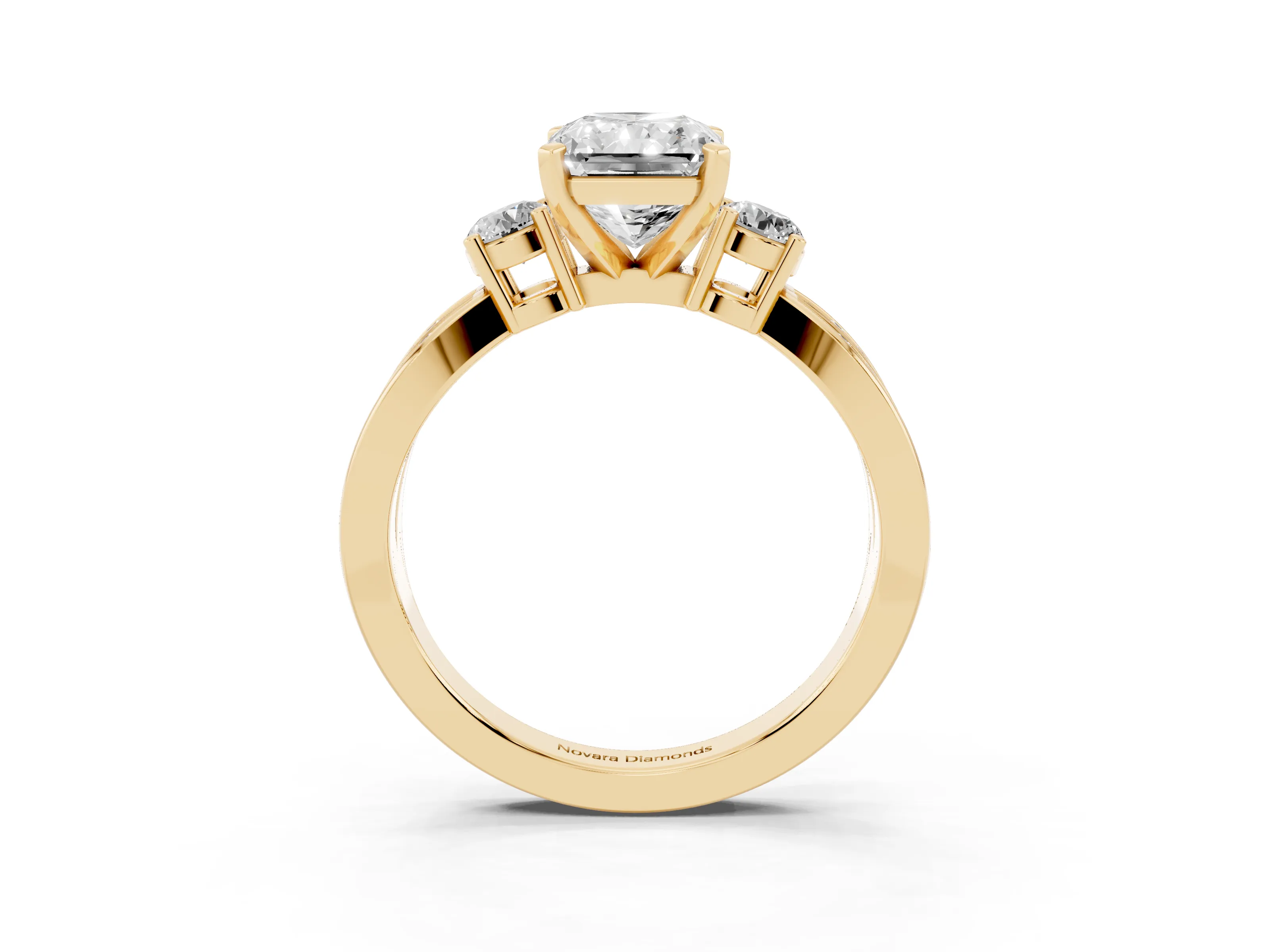 Three-Stone Radiant Cut Diamond Twist Band Ring Set in Yellow gold with Pavé Accents and Prong Setting