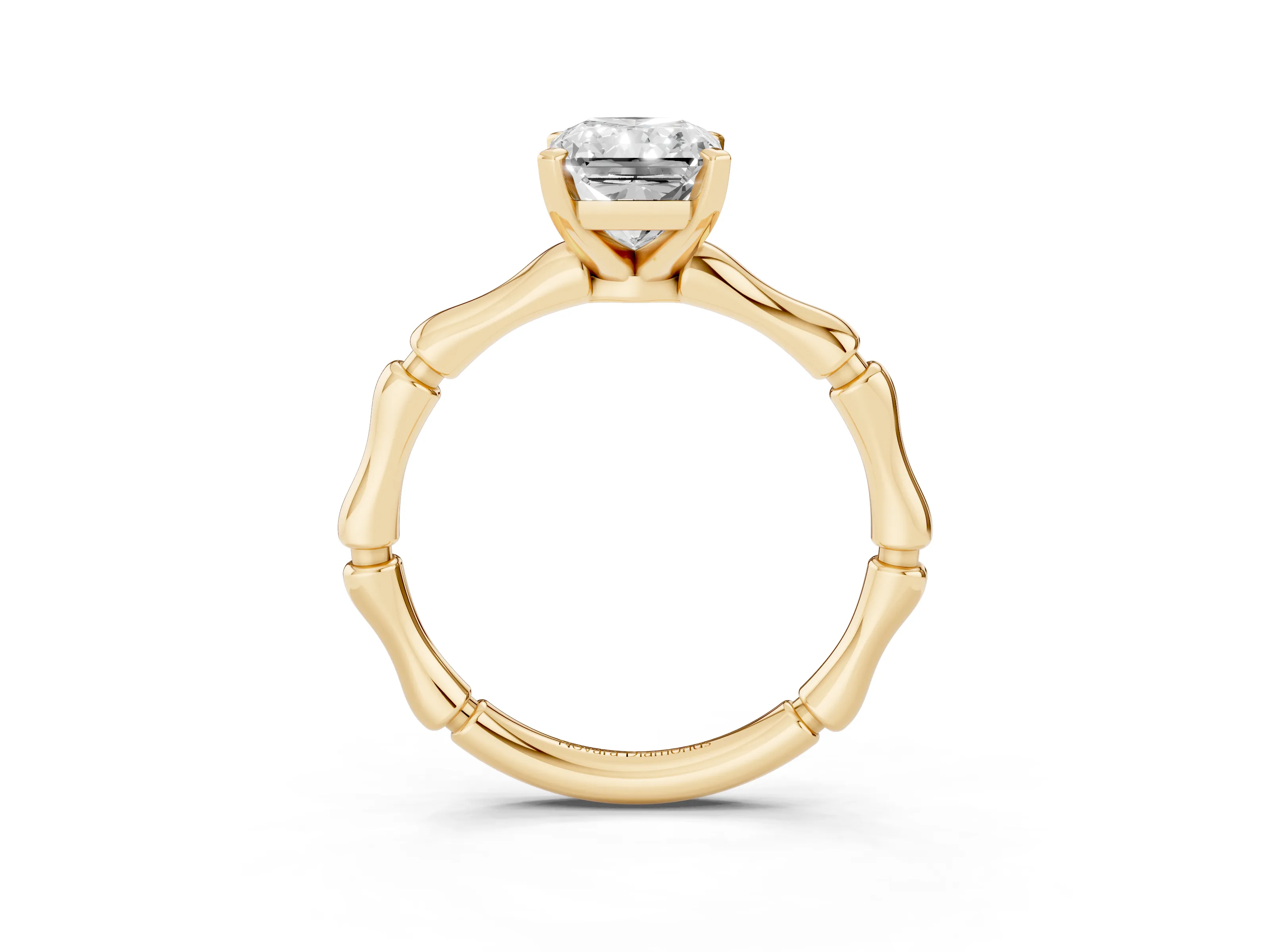 Radiant Cut Diamond Solitaire Ring Set in Yellow gold with Bamboo Band and Prong Setting