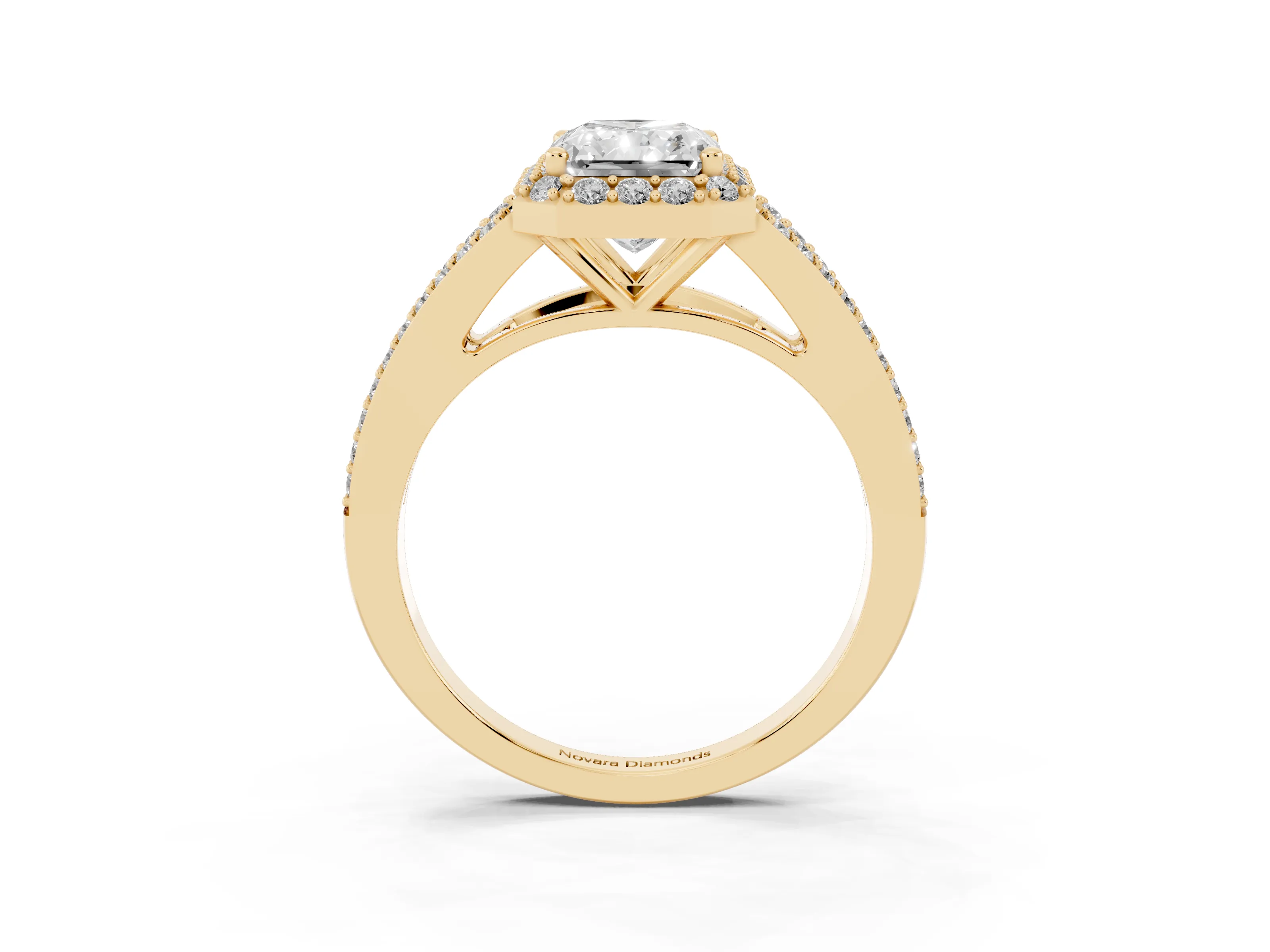 Radiant Cut Diamond Halo Split Shank Pavé Ring Set in Yellow gold with Prong Setting