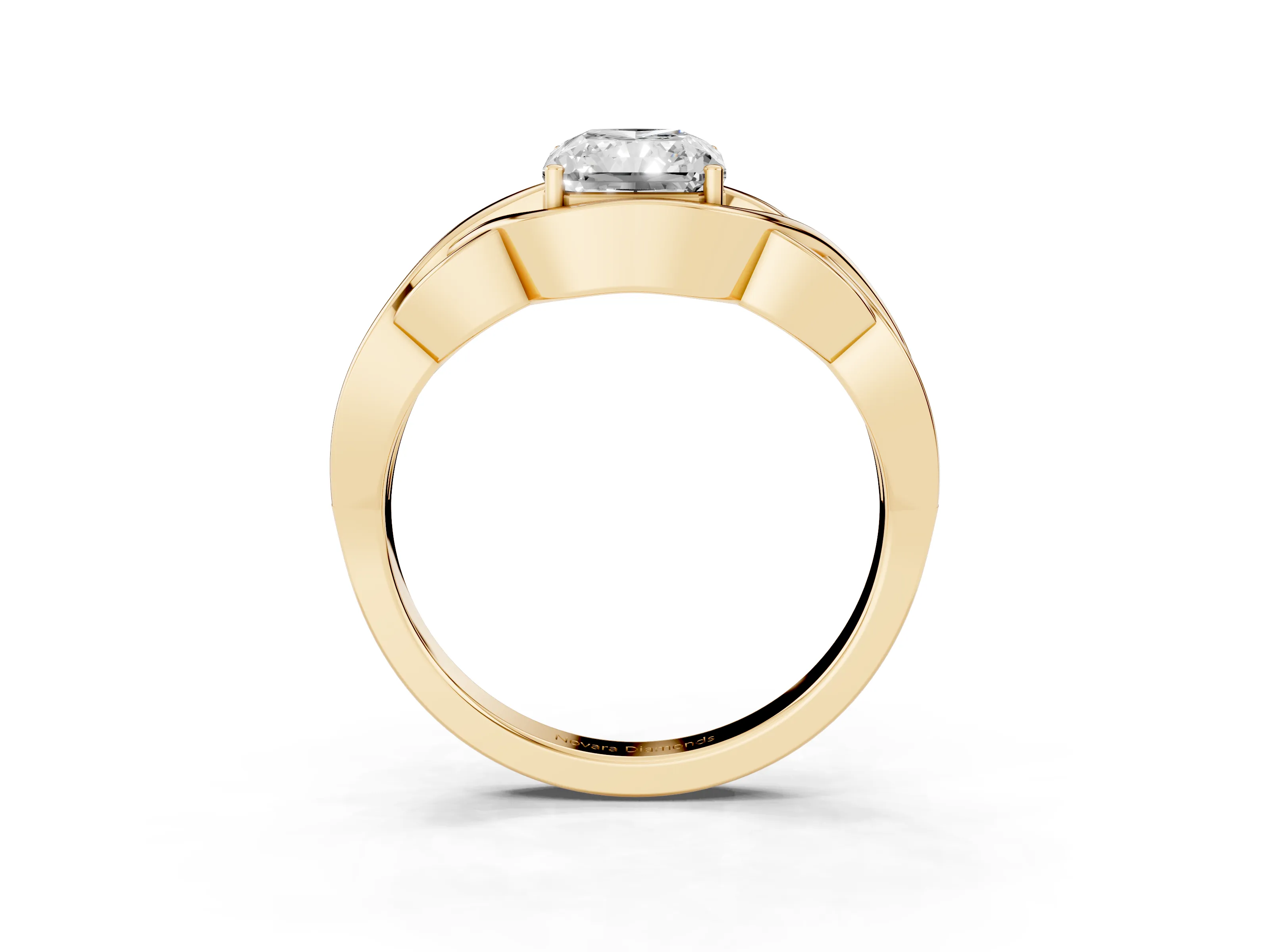 Radiant Cut Diamond Solitaire Ring Set in Yellow gold with Intertwined Band