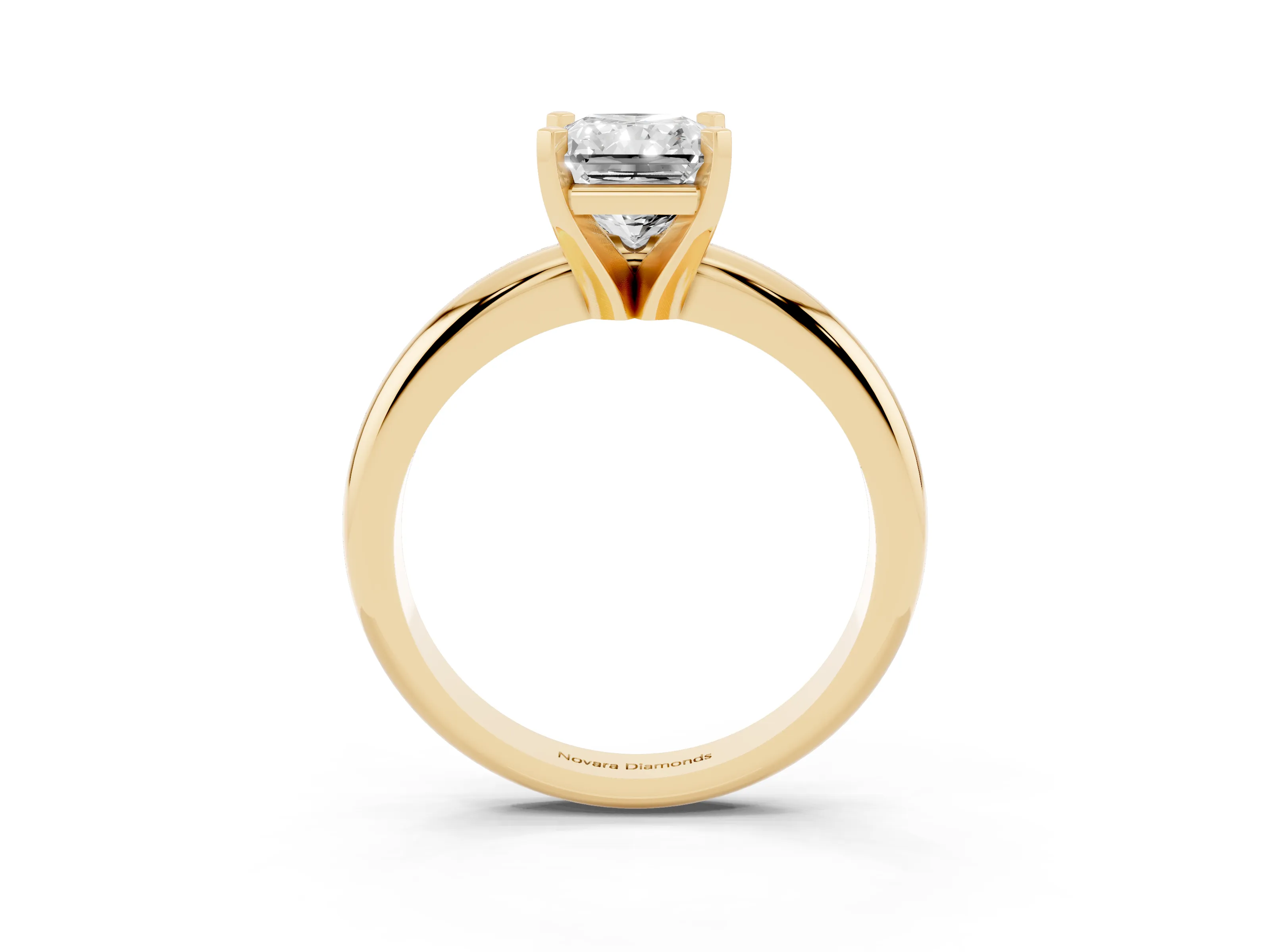 Radiant Cut Diamond Solitaire Engagement Ring Set in Yellow gold with Round Band and Prong Setting
