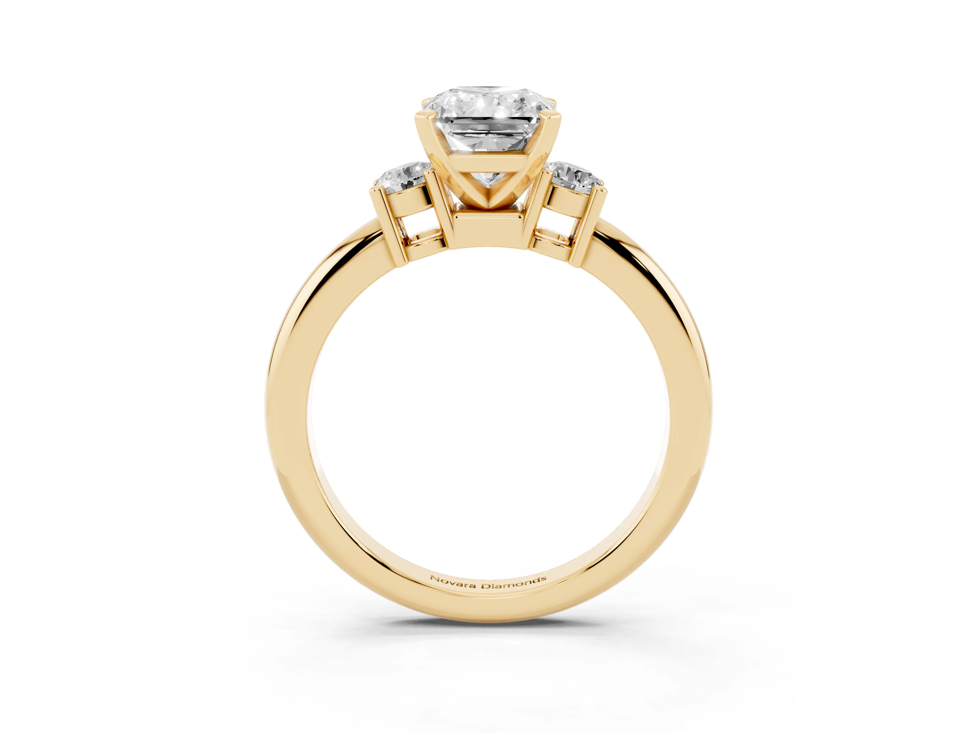Three-Stone Radiant Cut Diamond Ring Set in Yellow gold with Prong Setting and Plain Band