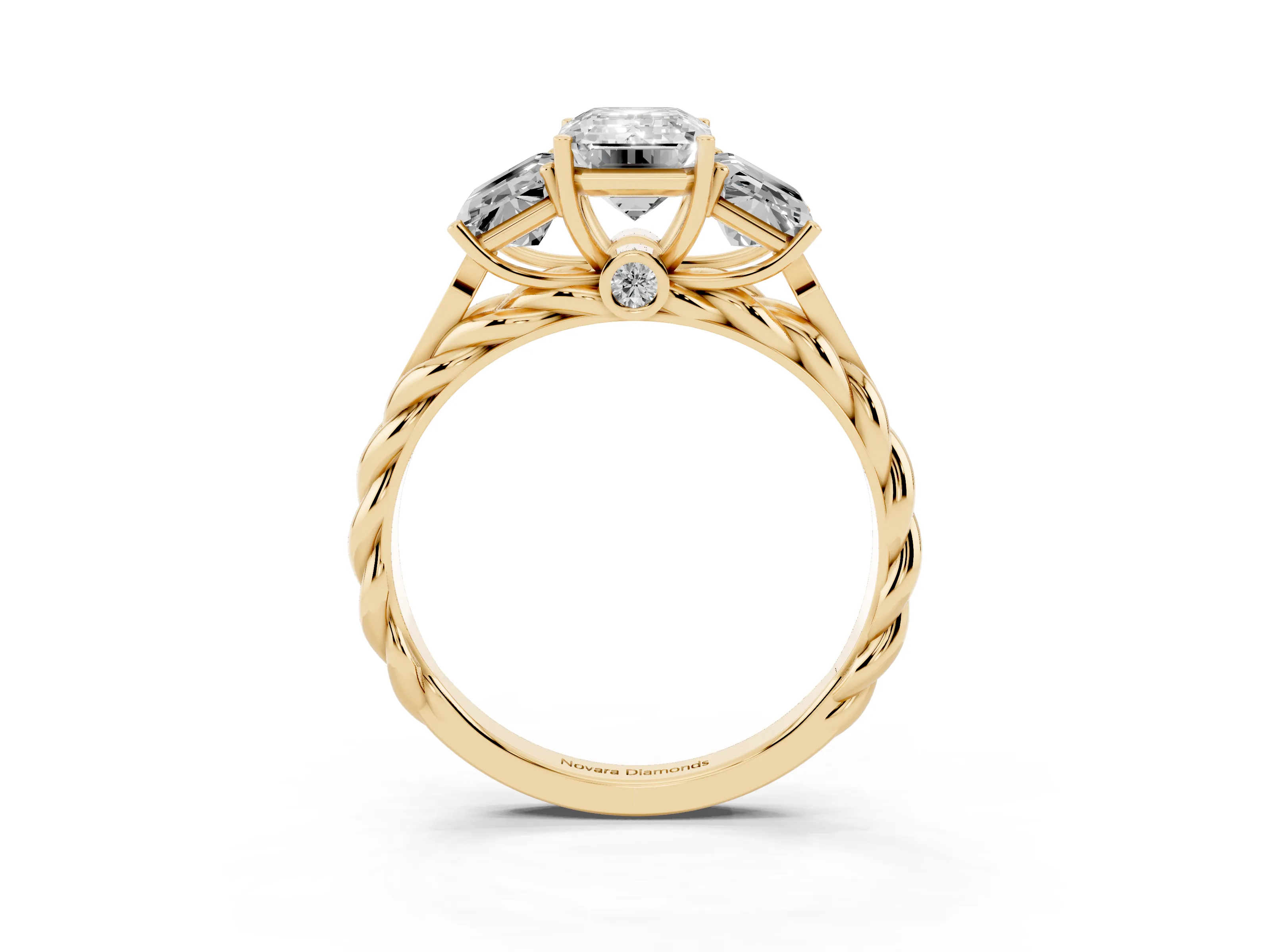 Radiant Cut Diamond Three-Stone Ring Set in Yellow gold with Braided Band