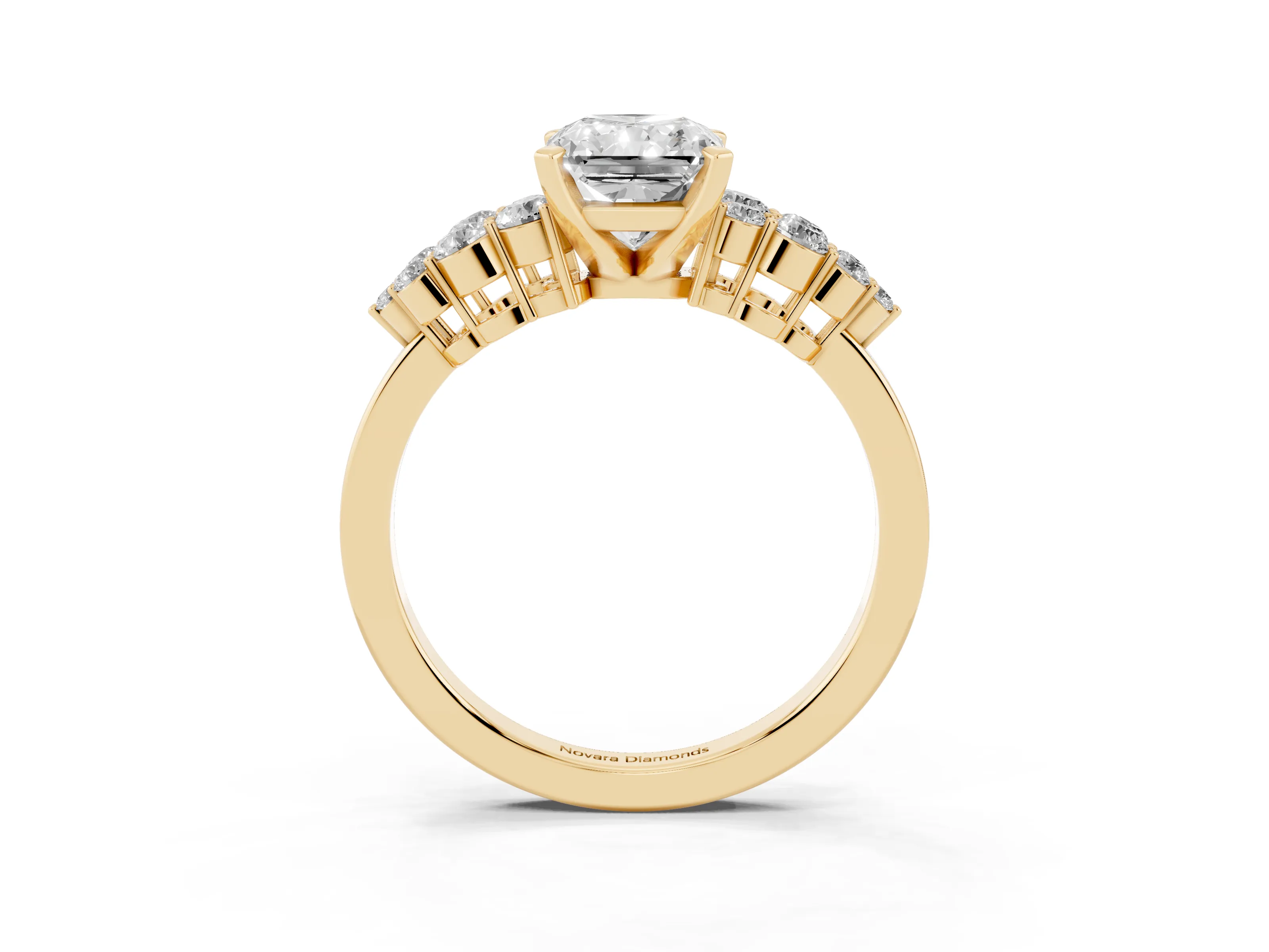 Radiant Cut Diamond Cluster Engagement Ring Set in Yellow gold with Pavé Band and Prong Setting
