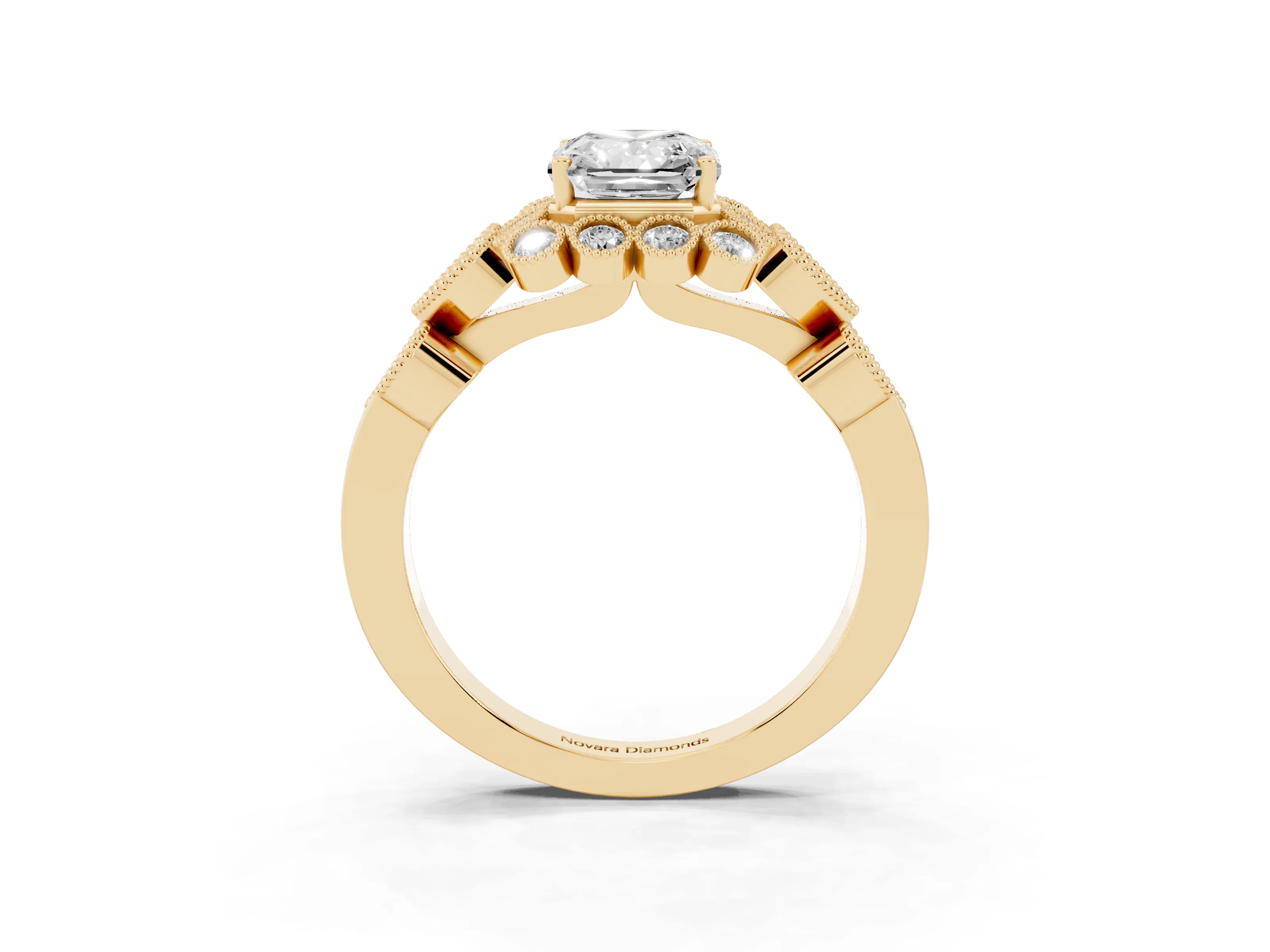 Radiant Cut Diamond Solitaire Ring Set in Yellow gold with Milgrain Pavé Heart Band