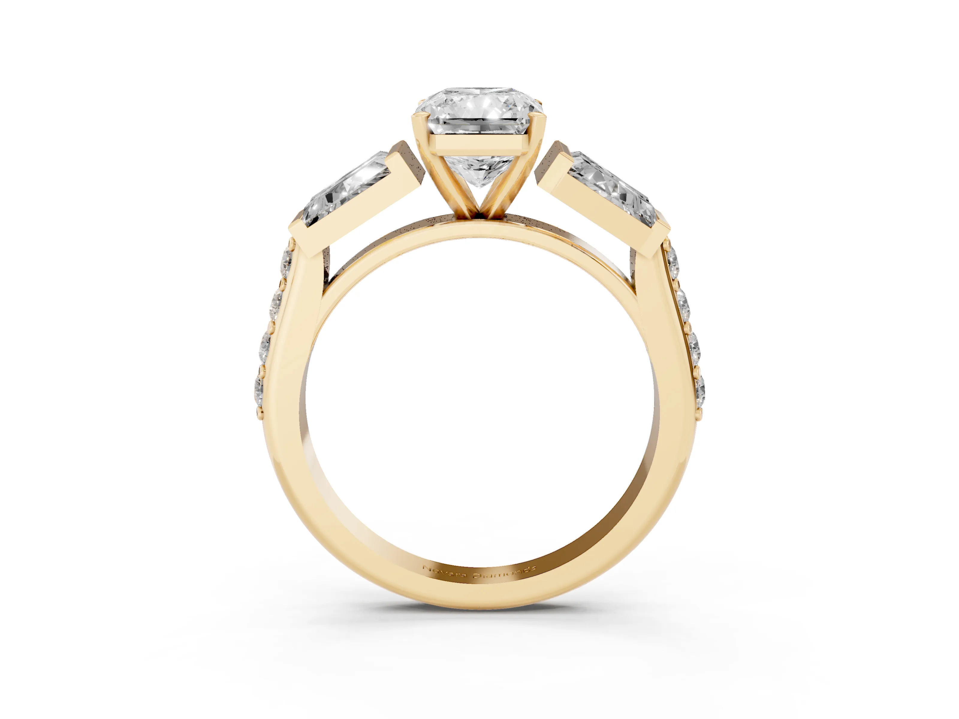 Radiant Cut Diamond Engagement Ring Set in Yellow gold with Baguette Side Stones and Channel Set Band