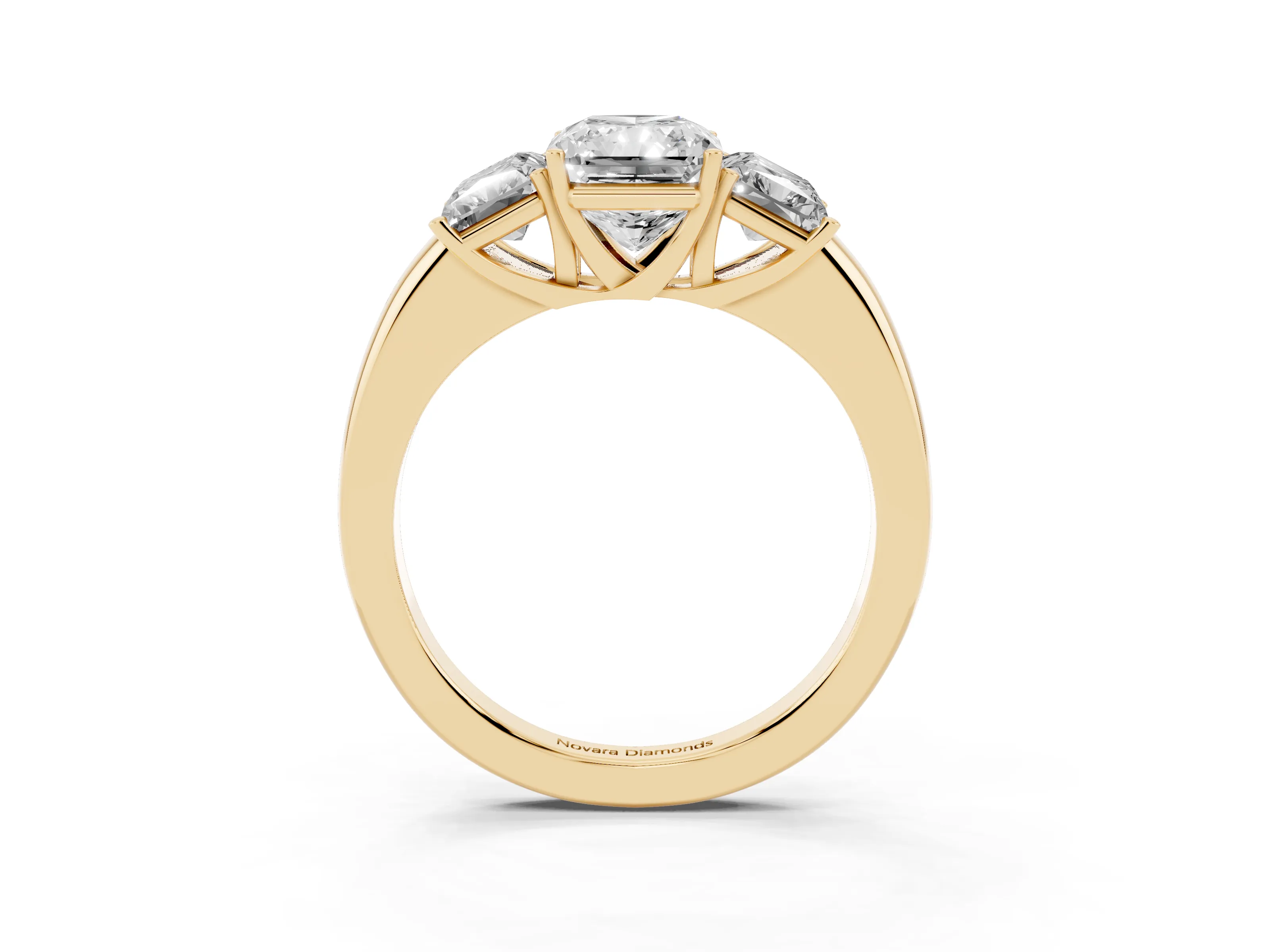 Radiant Cut Diamond Three-Stone Ring Set in Yellow gold with Bold Center and Classic Band