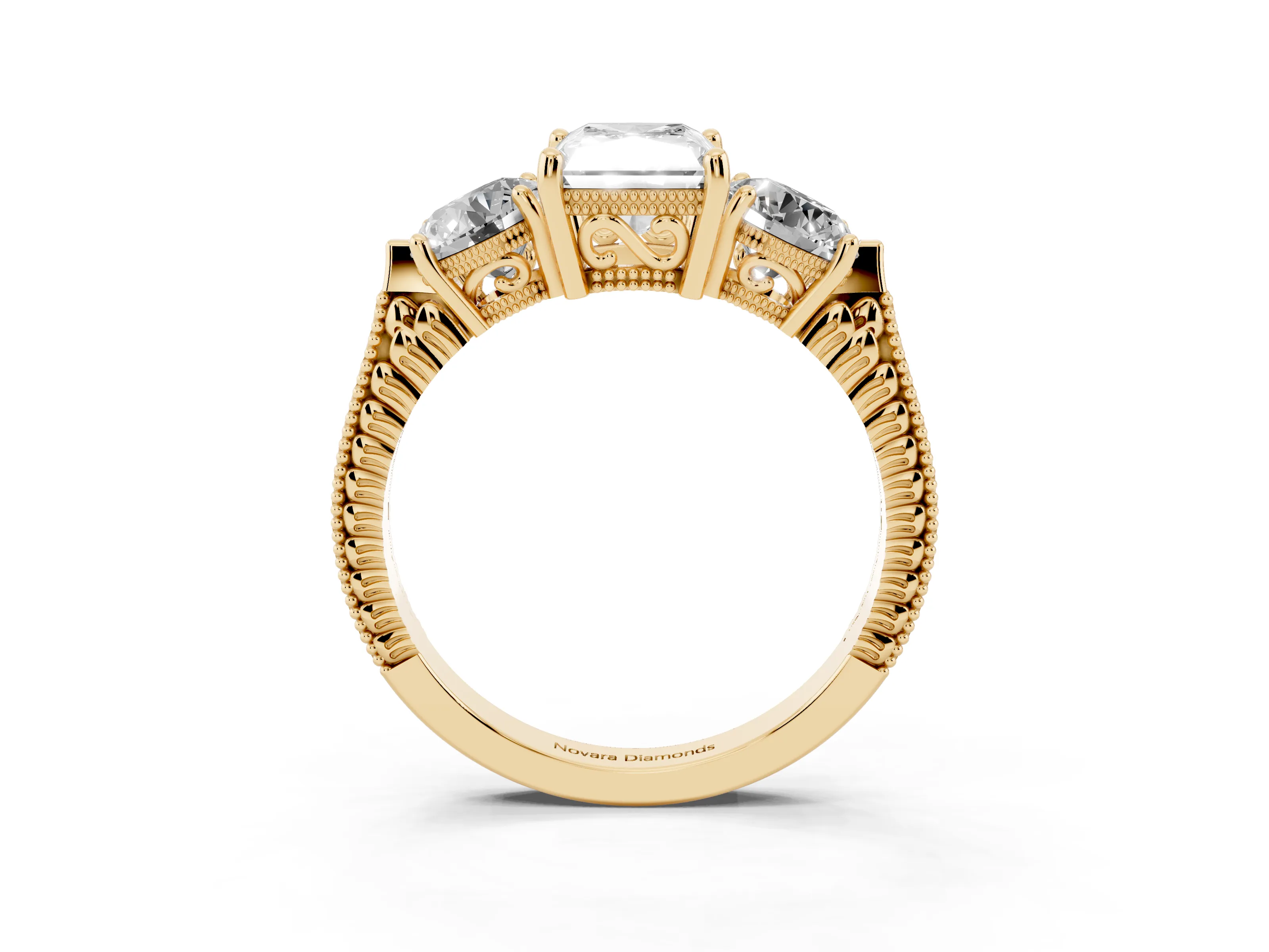 Radiant Cut Diamond Three-Stone Ring Set in Yellow gold with Milgrain Band