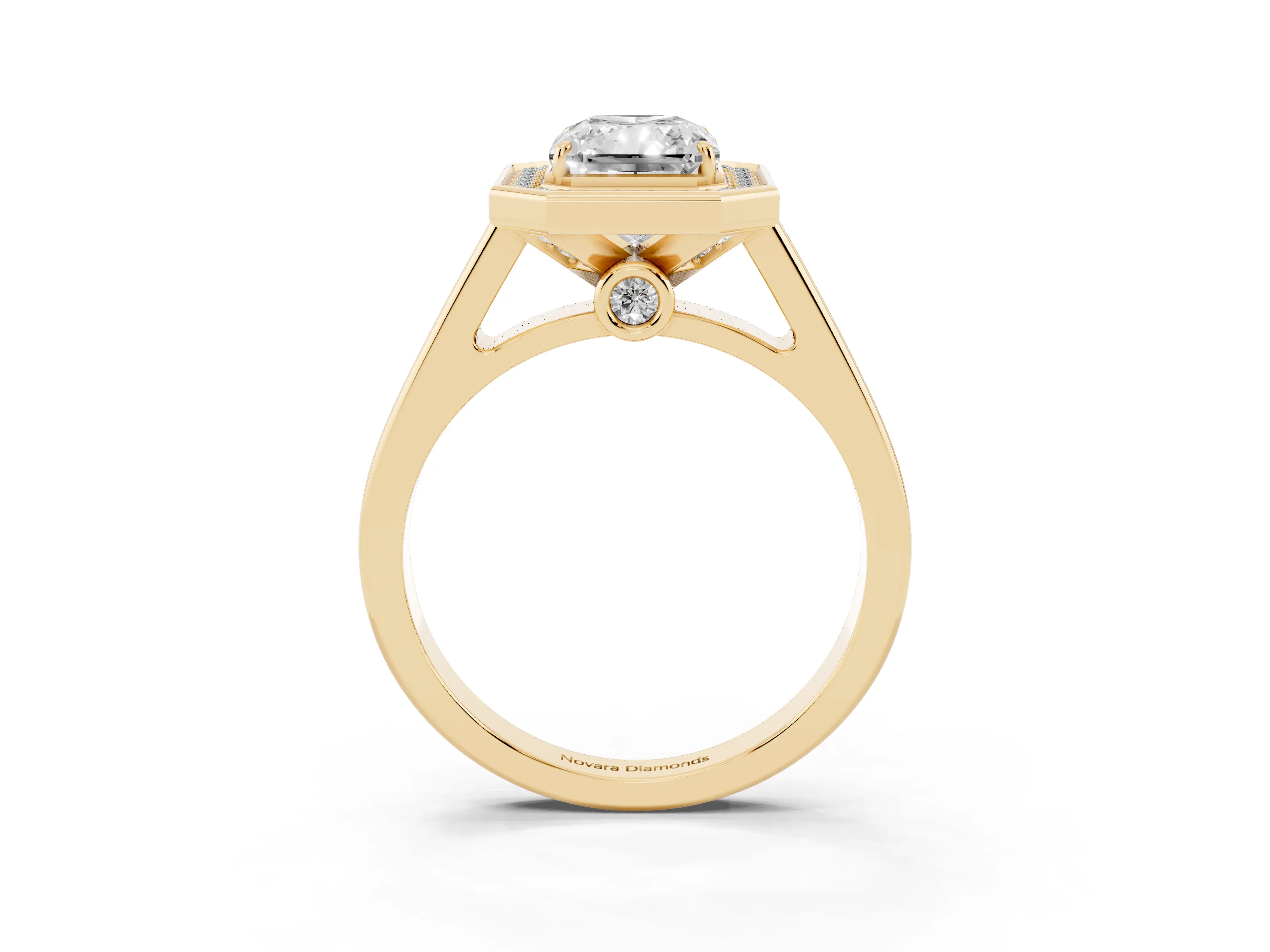 Radiant Cut Diamond Halo Solitaire Ring Set in Yellow gold with Pavé Band and Bezel Setting