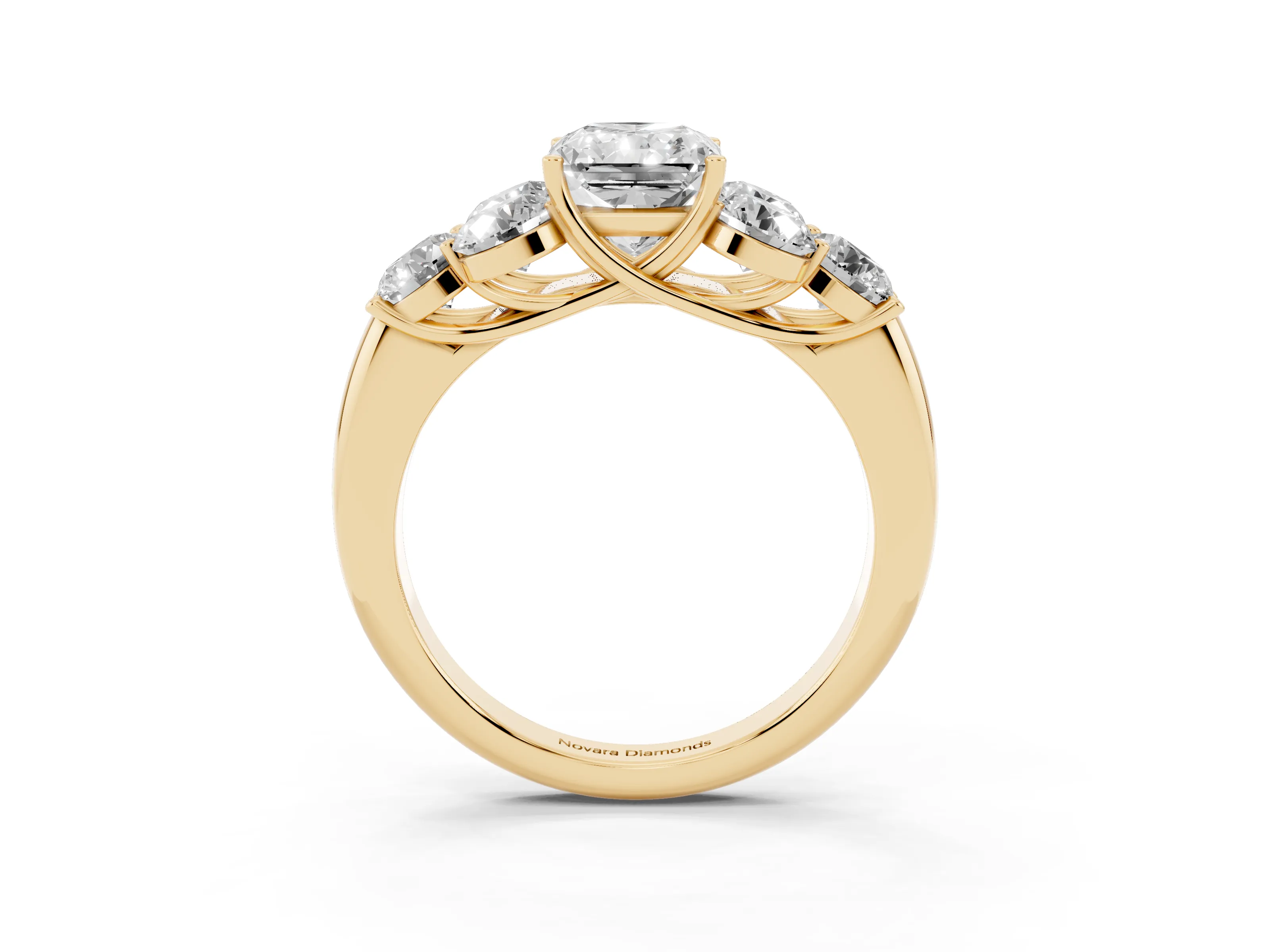 Radiant Cut Diamond Cluster Ring Set in Yellow gold with Round Accent Stones and Prong Setting on a Plain Band