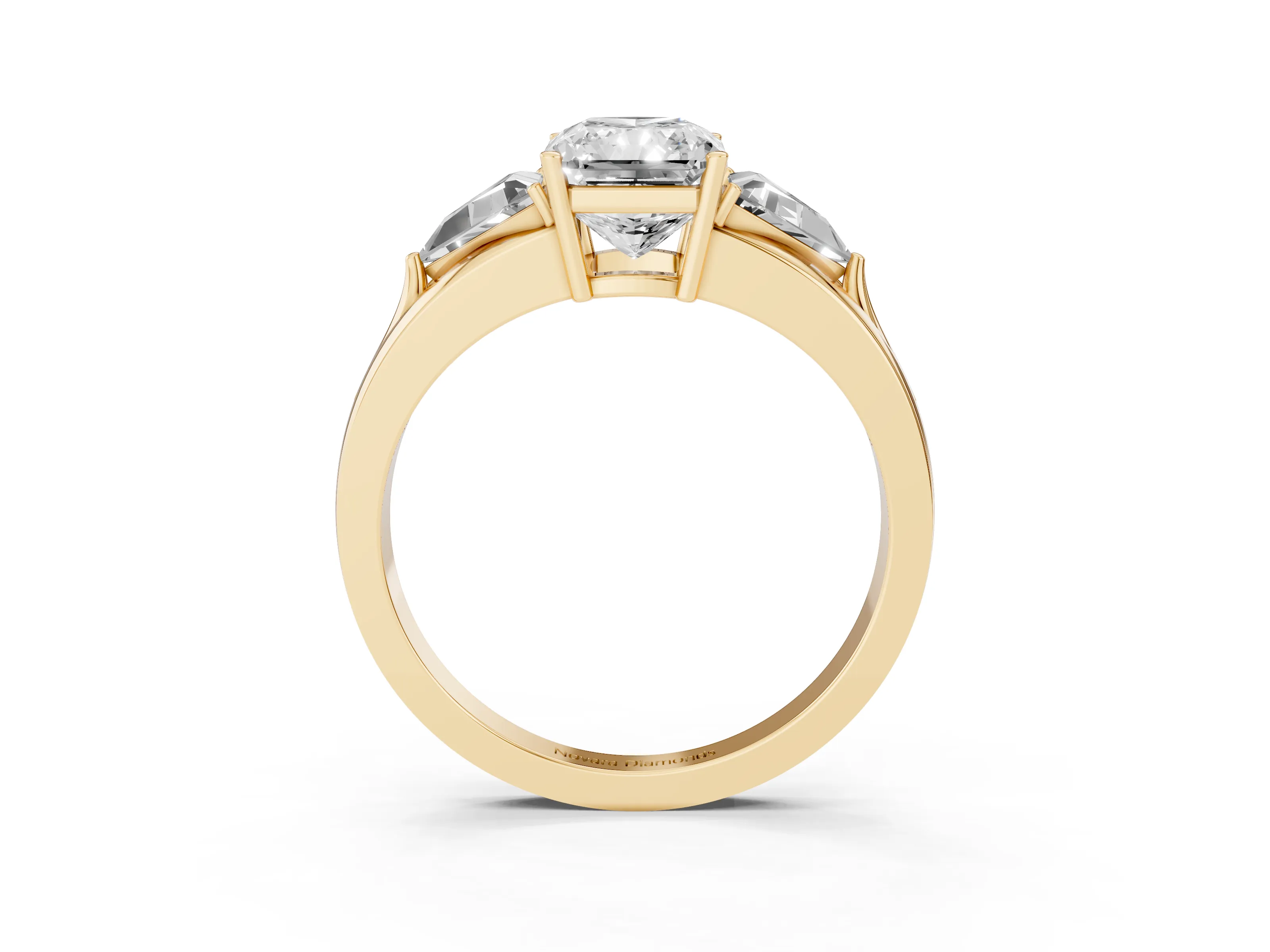 Radiant Cut Diamond Three-Stone Ring Set in Yellow gold with Trillion Side Stones and Split Shank