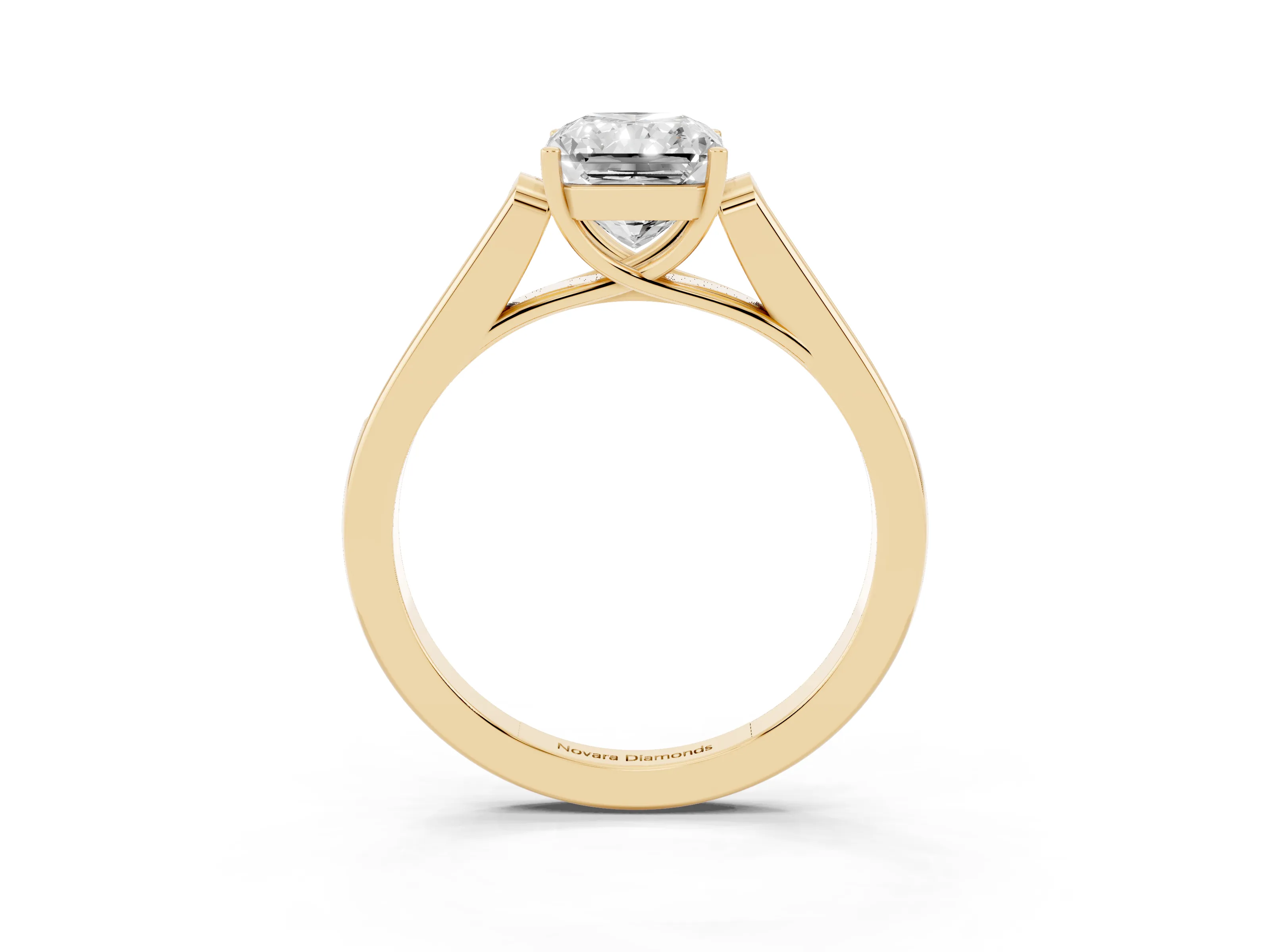 Radiant Cut Diamond Solitaire Cathedral Engagement Ring Set in Yellow gold with Channel-Set Band and Prong Setting