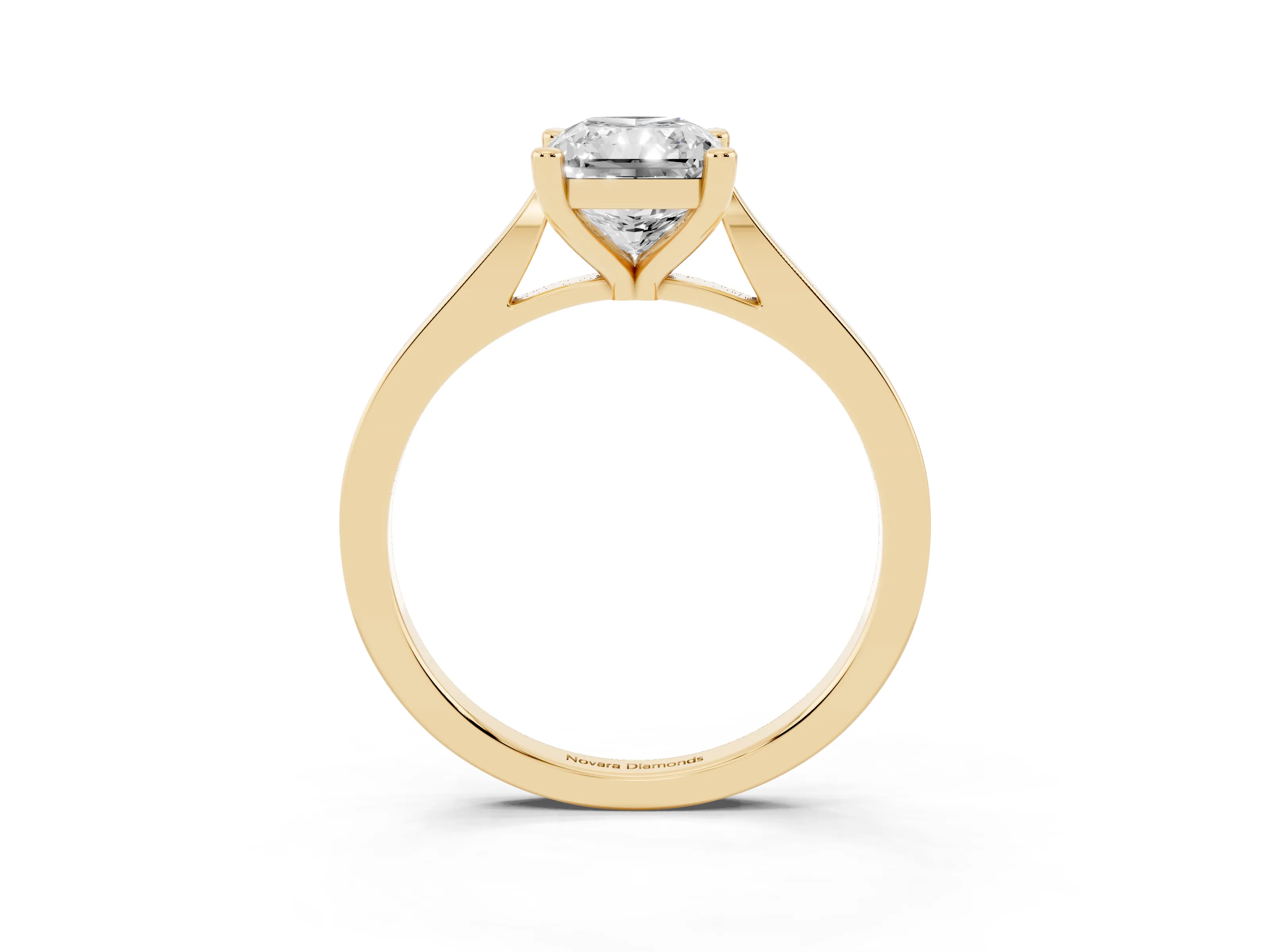 Radiant Cut Diamond Solitaire Ring Set in Yellow gold with Prong Setting and Tapered Band