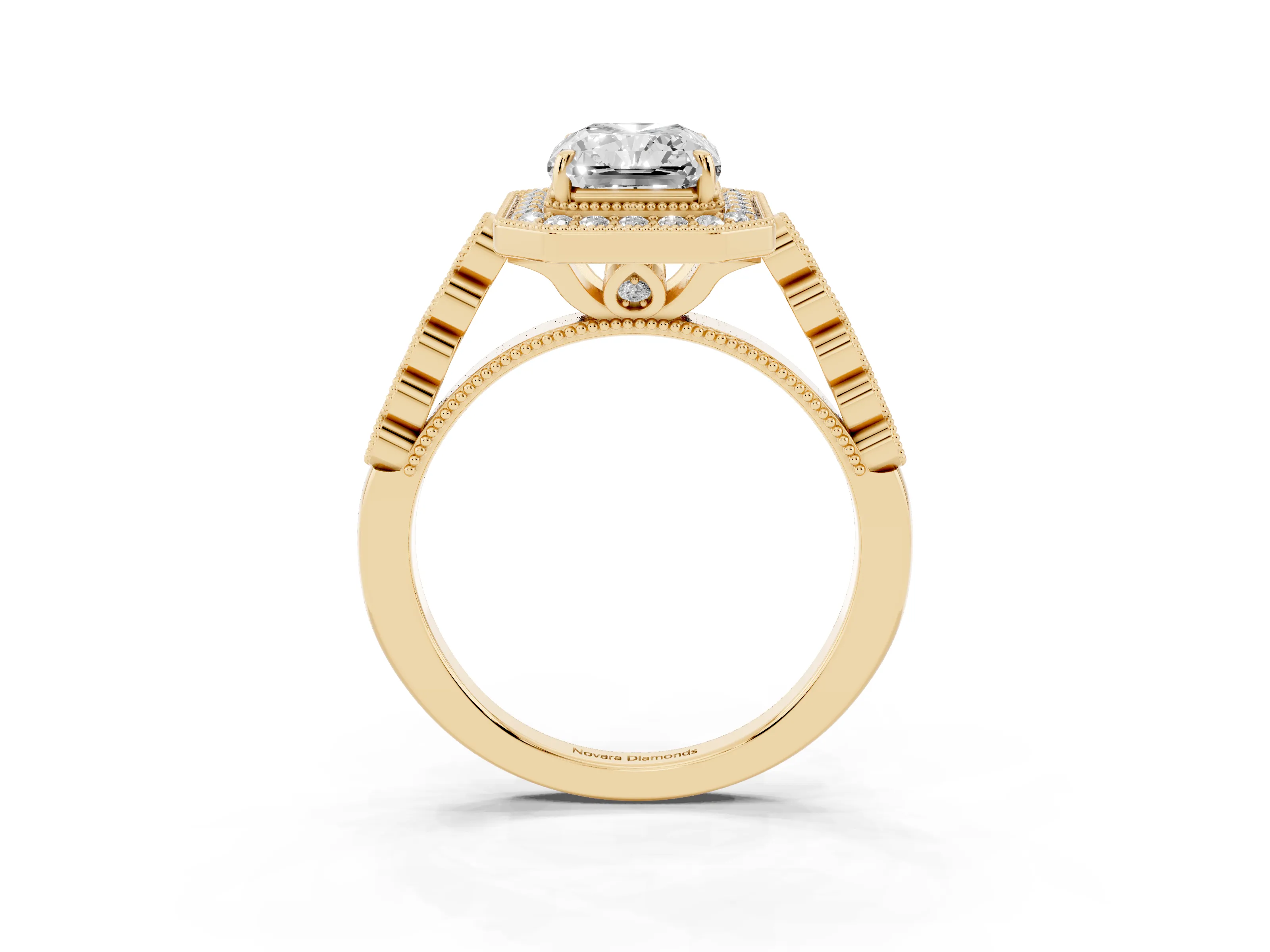 Radiant Cut Diamond Milgrain Halo Solitaire Ring Set in Yellow gold with Bezel Set Side Stones and Pavé Band