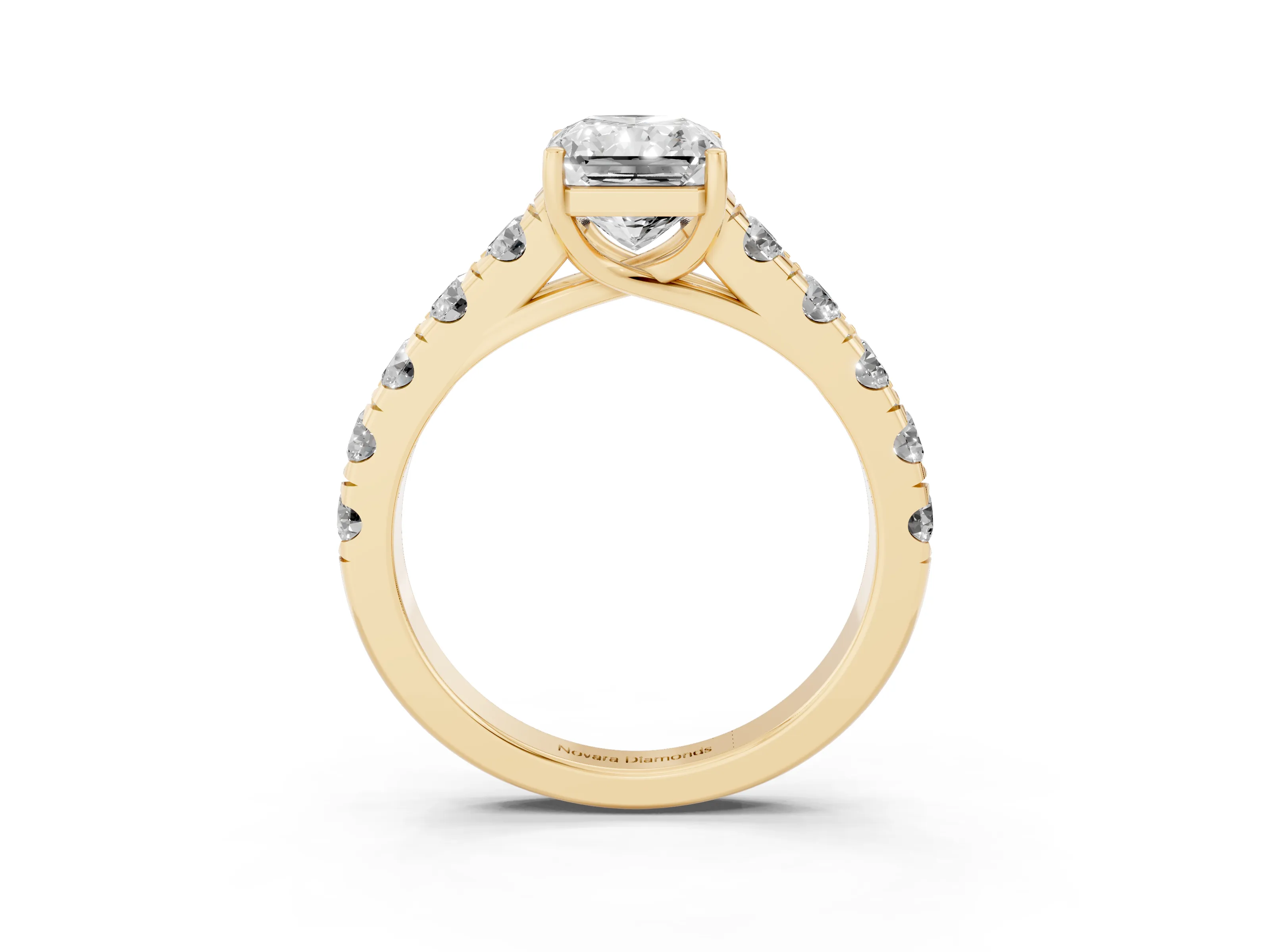 Radiant Cut Diamond Solitaire Ring Set in Yellow gold with Cut-Down Micro Pavé Band and Prong Setting