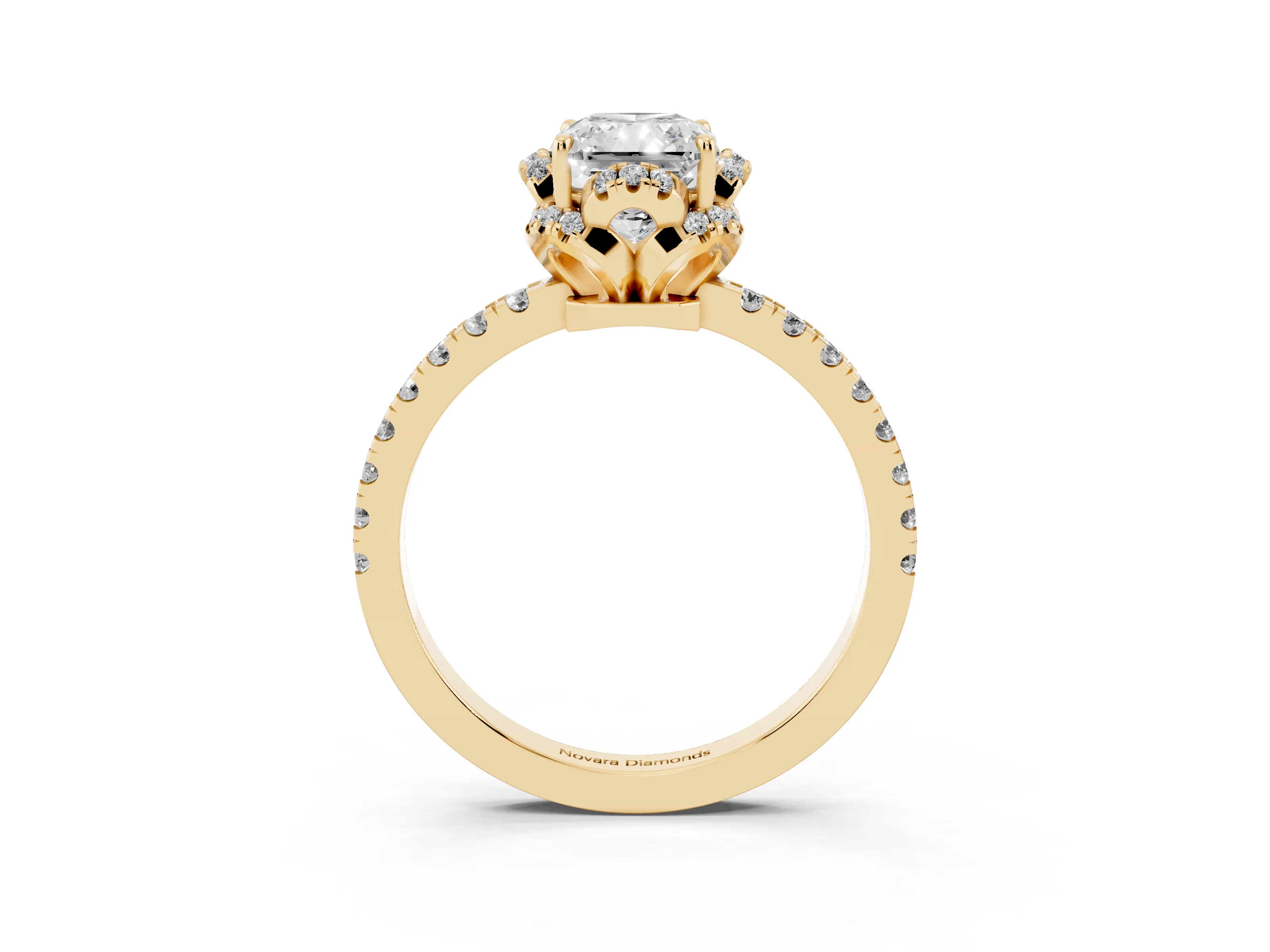 Radiant Cut Diamond Halo Pavé Band Ring Set in Yellow gold with Prong-Held Center
