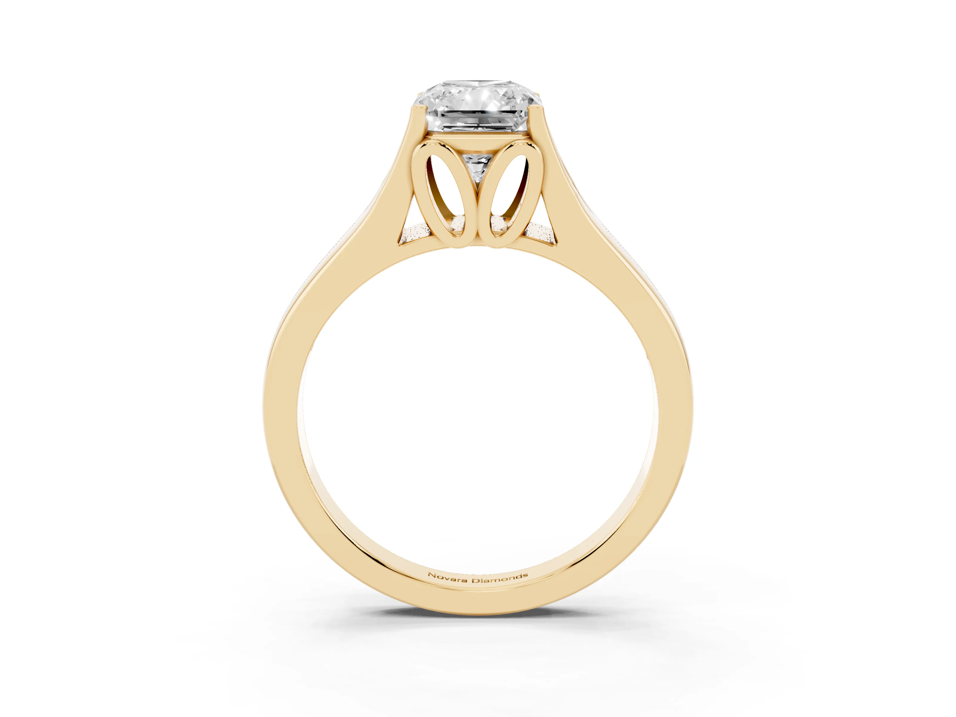 Radiant Cut Diamond Solitaire Ring Set in Yellow gold with Arched Cathedral Band and Prong Setting