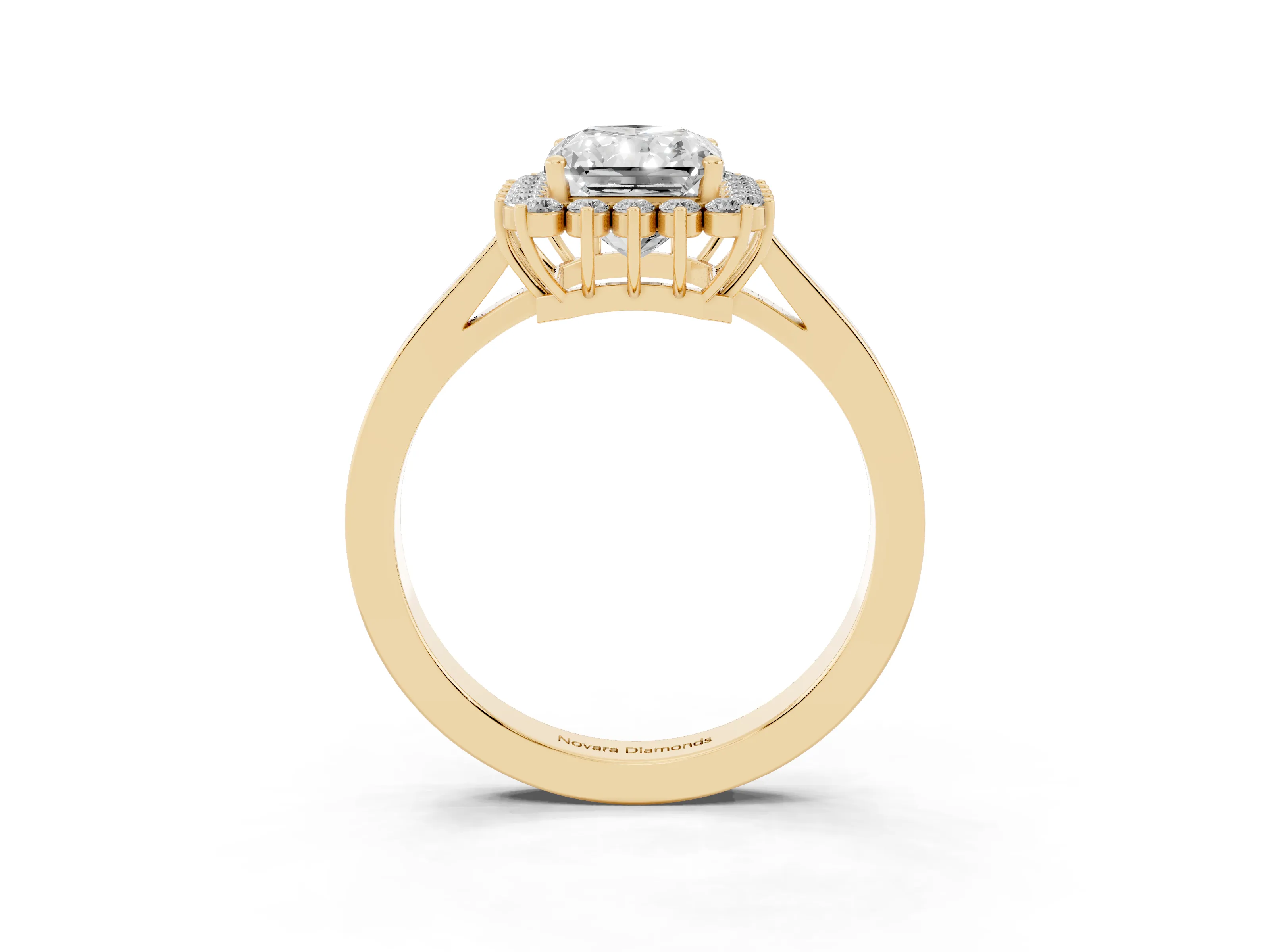 Radiant Cut Diamond Halo Ring Set in Yellow gold with Round Halo and Smooth Solitaire Band