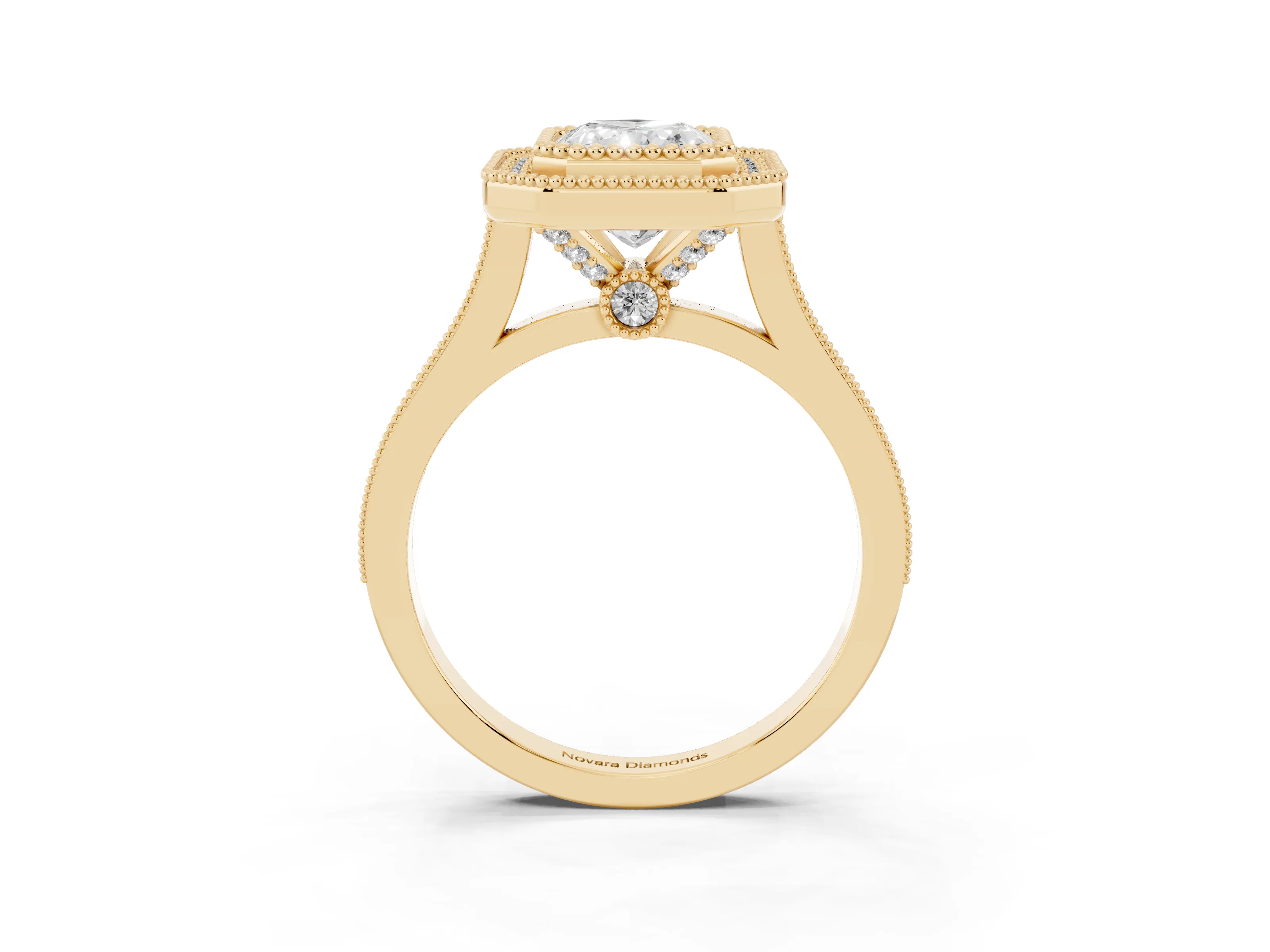 Radiant Cut Diamond Halo Ring Set in Yellow gold with Milgrain Frame and Pavé Band