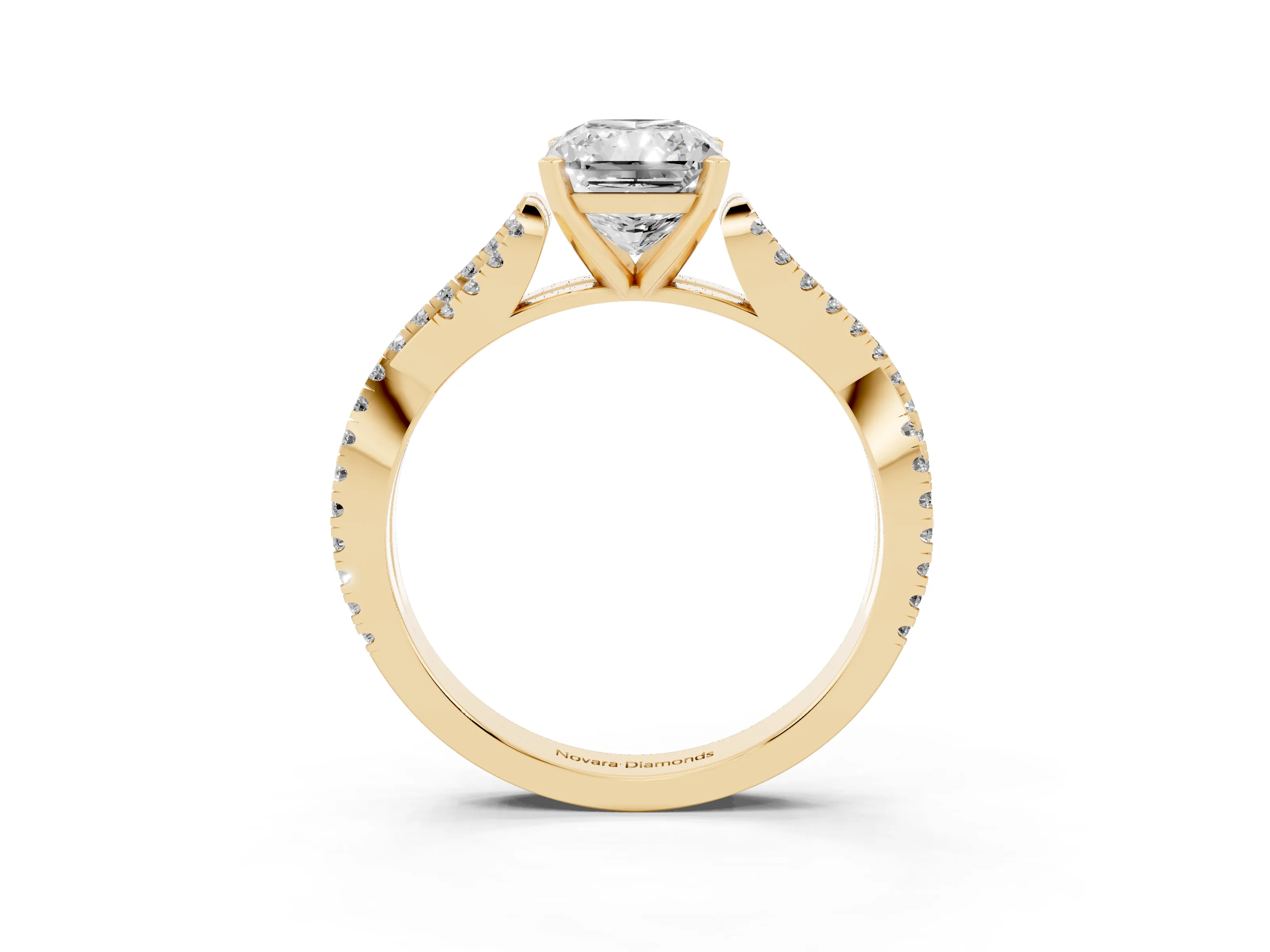 Radiant Cut Diamond Solitaire Engagement Ring Set in Yellow gold with Twisted Pavé Band and Prong Setting