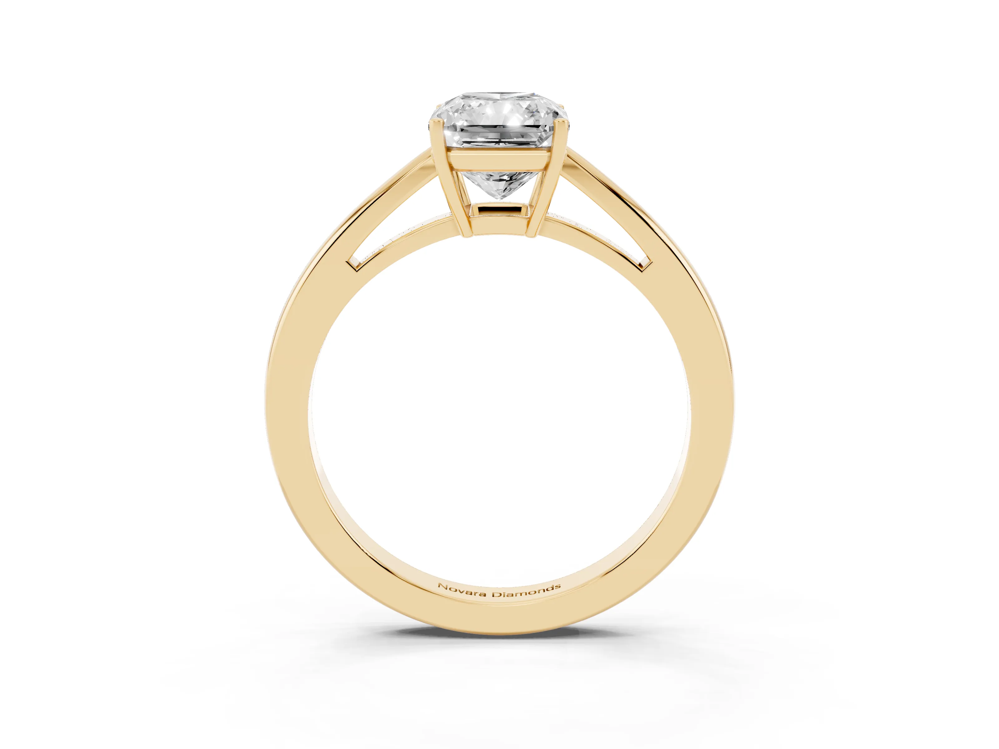 Radiant Cut Diamond Solitaire Ring Set in Yellow gold with Split Shank and Prong Setting